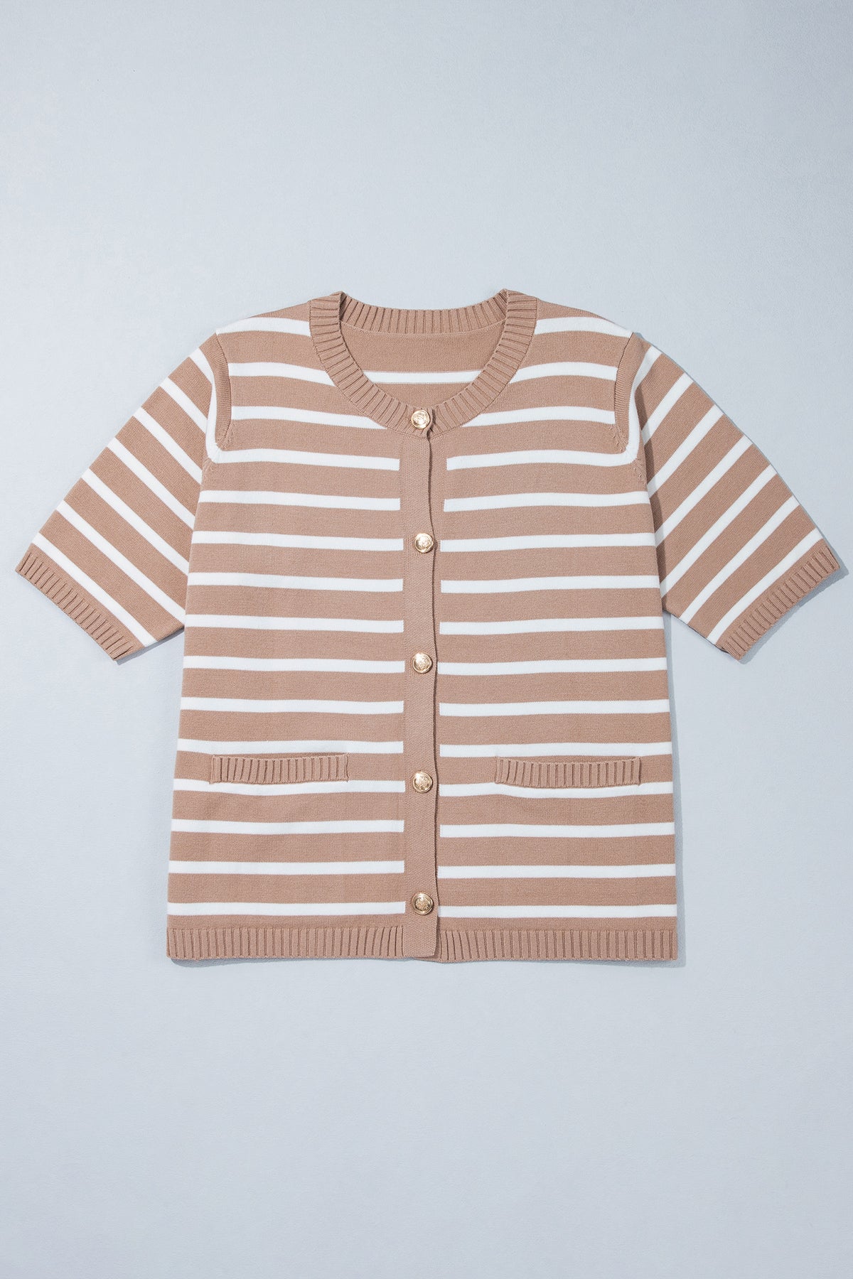 Khaki Stripe Button Down Short-Sleeve Knit Plus Size Cardigan