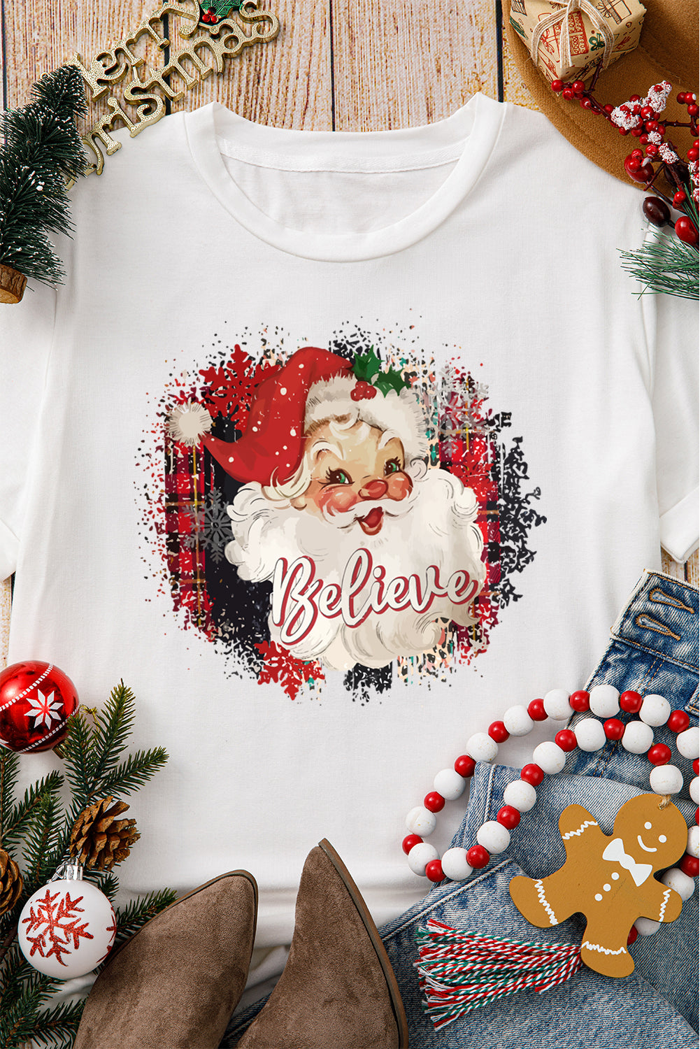 White Believe Christmas Father Graphic Crewneck T-Shirt
