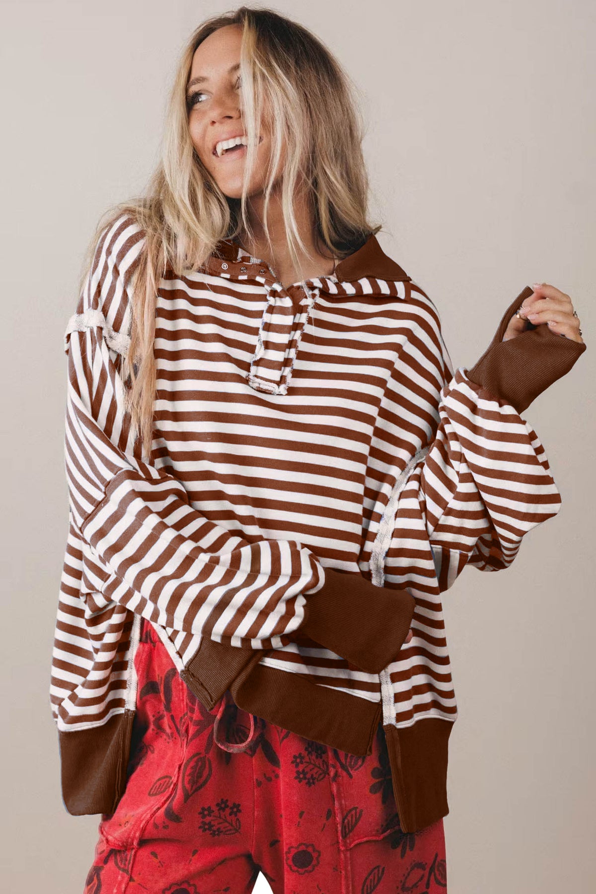 Brown Stripe Color Block Trim Pullover Sweatshirt