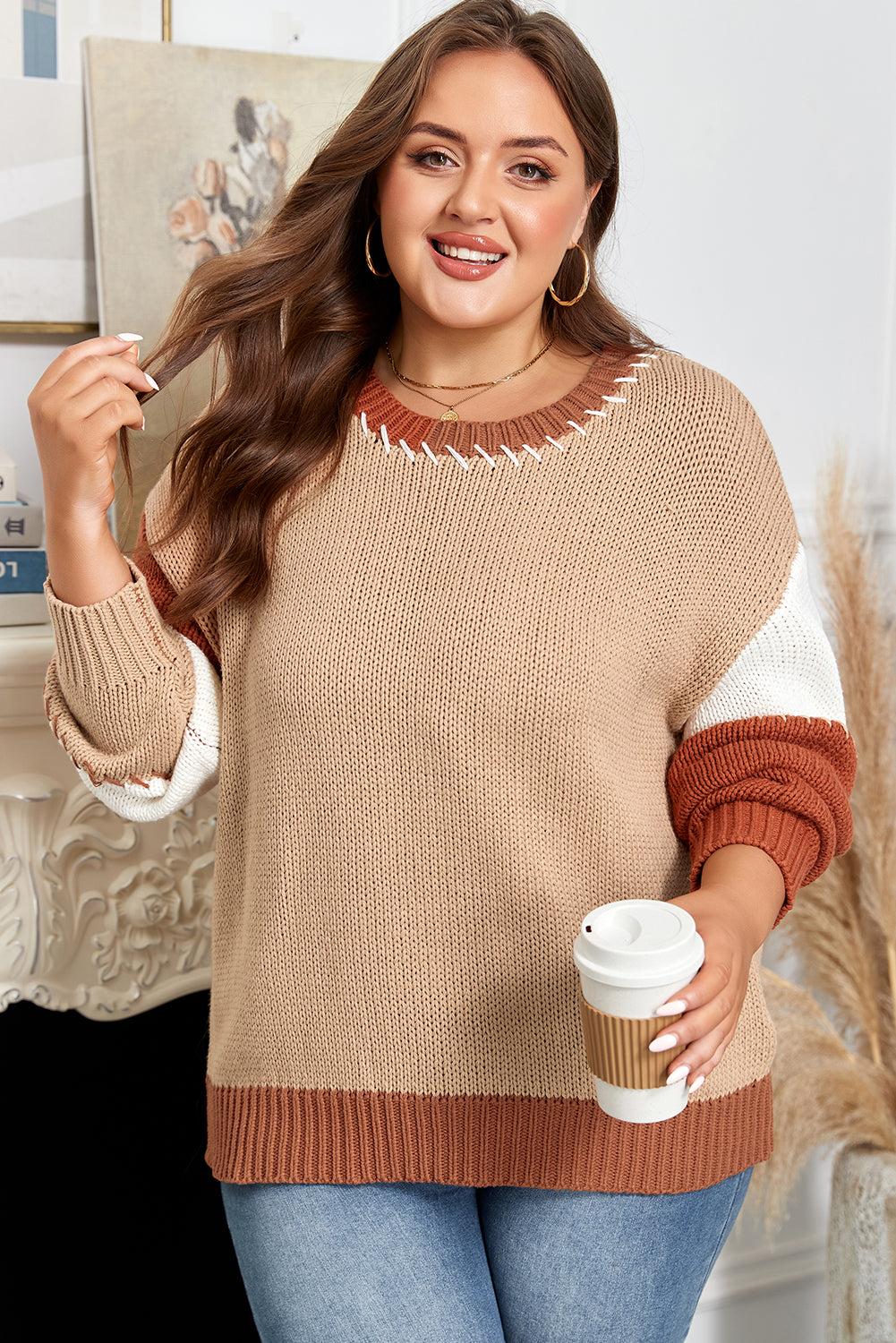Light French Beige Contrast Stitch Detail Color-Block Knitted Plus Size Sweater