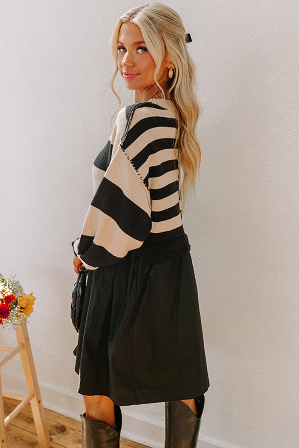 Black Stripe Two in One Knitted Top High Waist Splicing Hem Sweater Dress