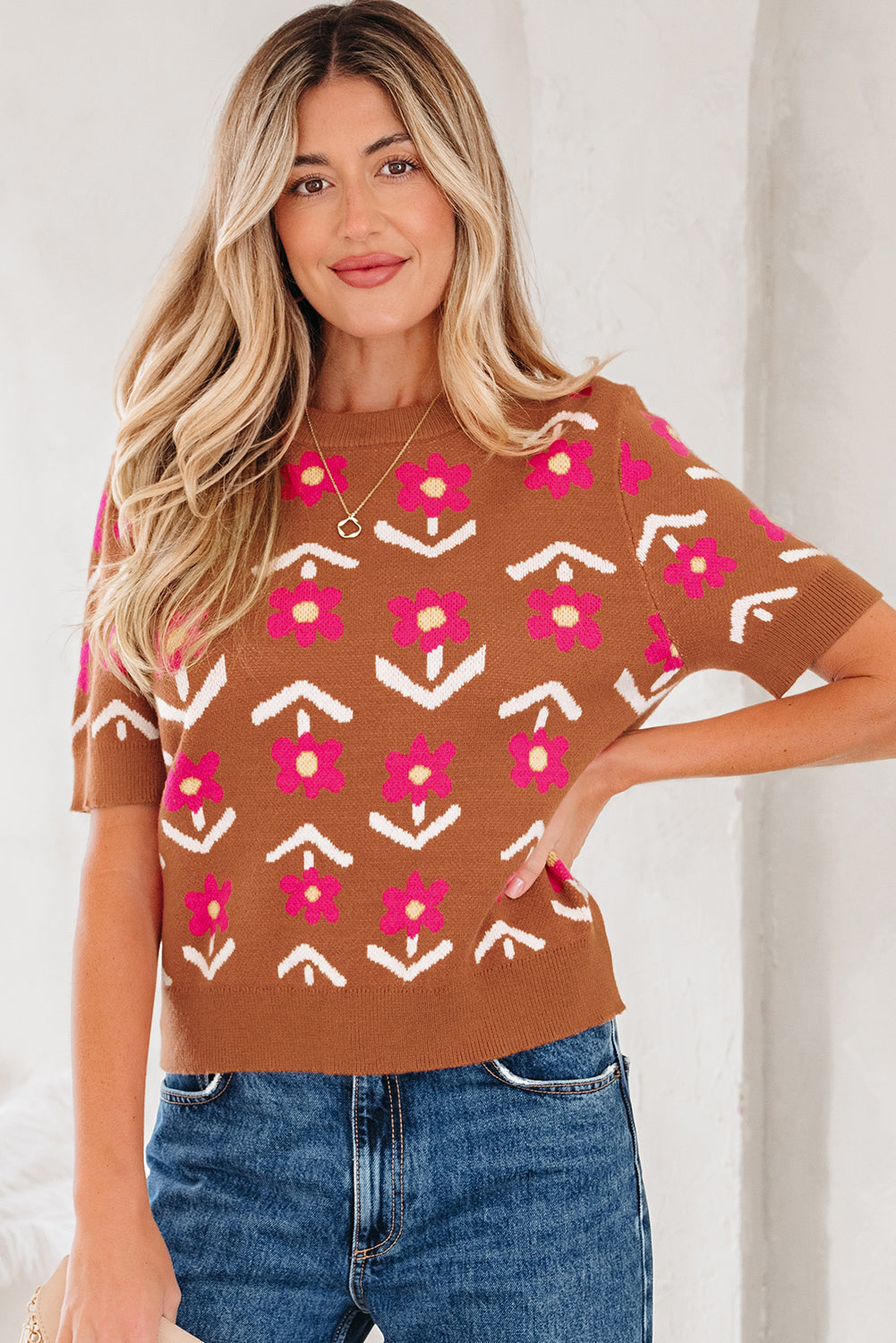 Brown Floral Short Puff Sleeve Sweater