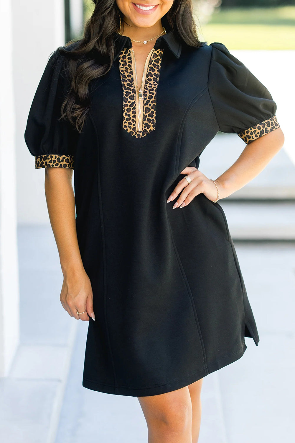 Black Leopard Patchwork Zip Short Puff Sleeve Shift Mini Dress