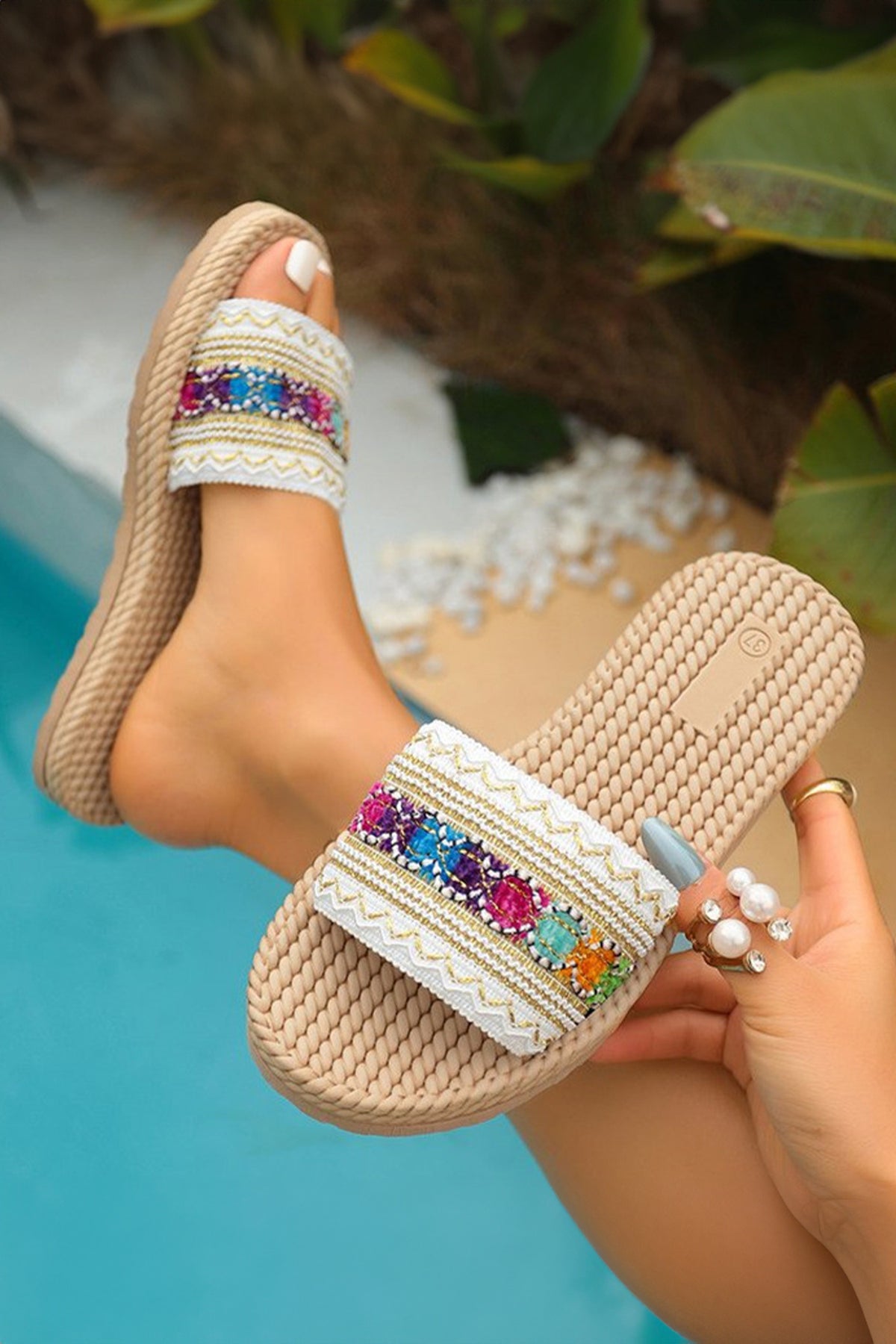 Parchment Bohemian Vacation Woven Colorful Wide Band Sandals