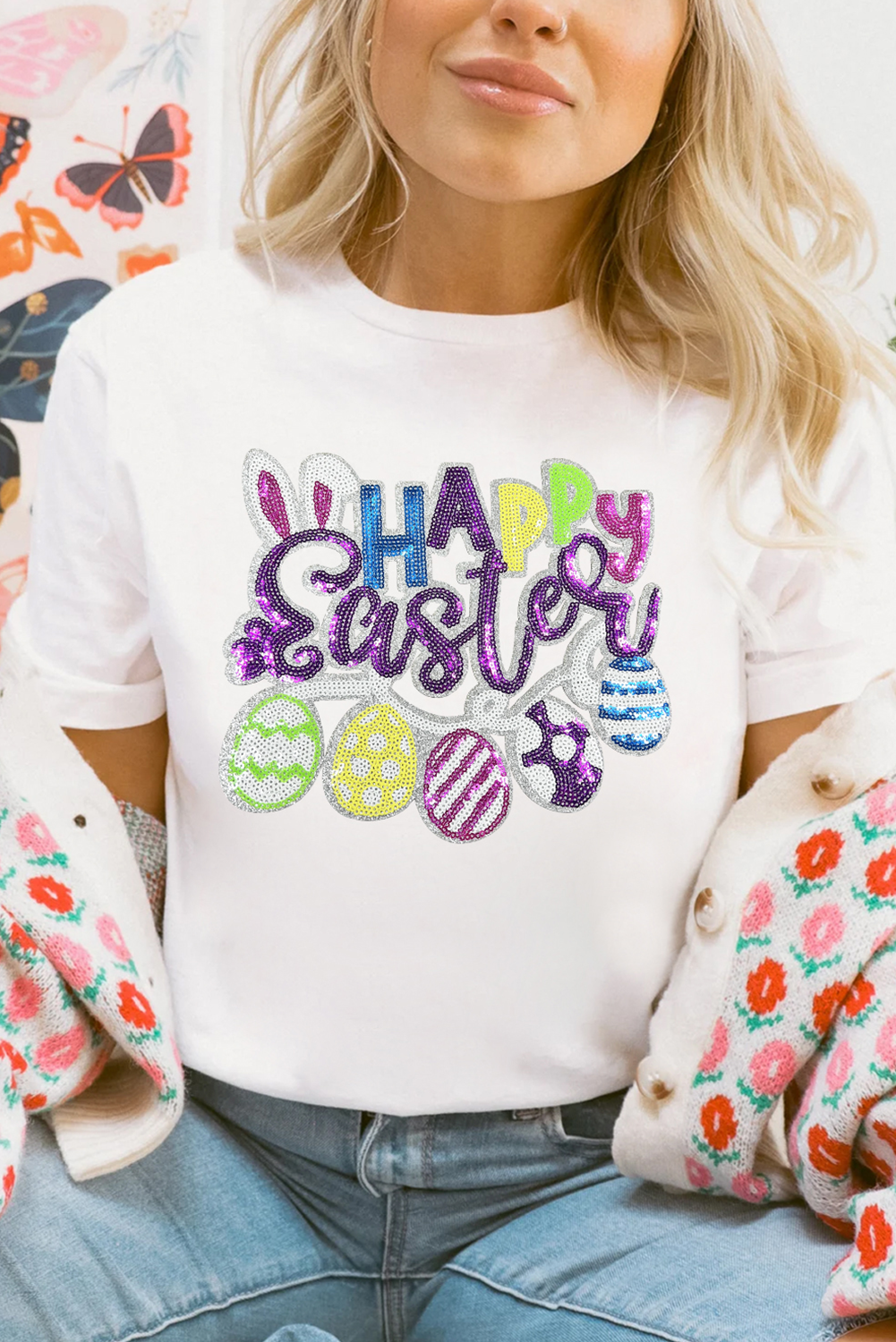 White Happy Easter Sequin Patched Casual Tee
