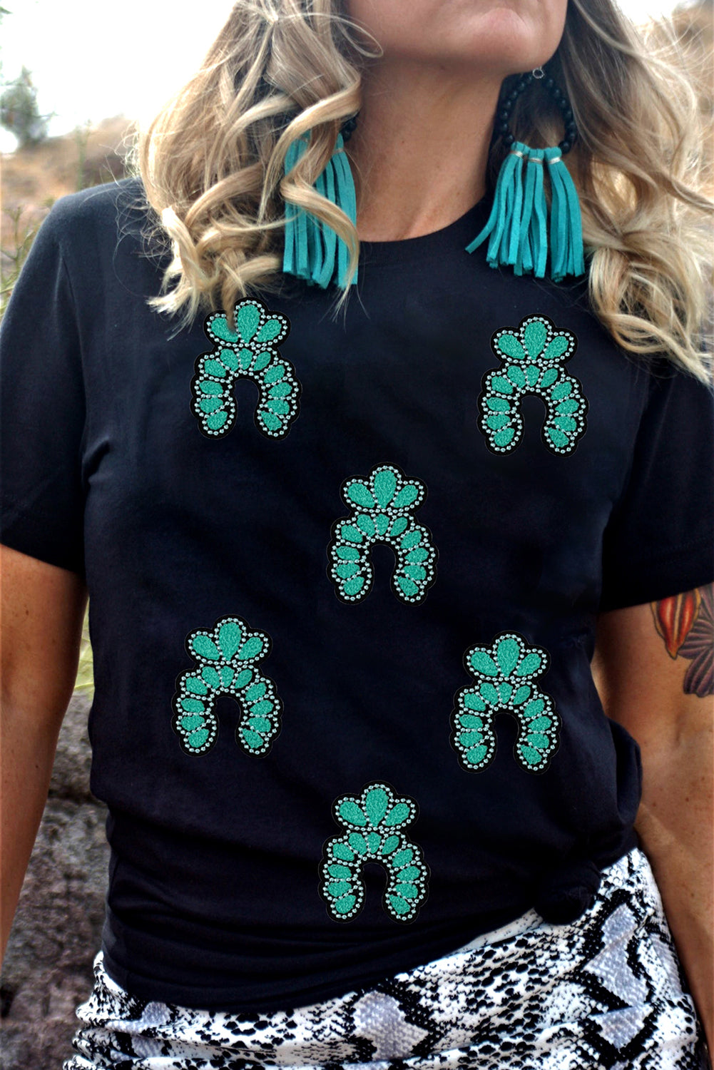 Black Western Turquoise Pattern Sequin Patched T-Shirt