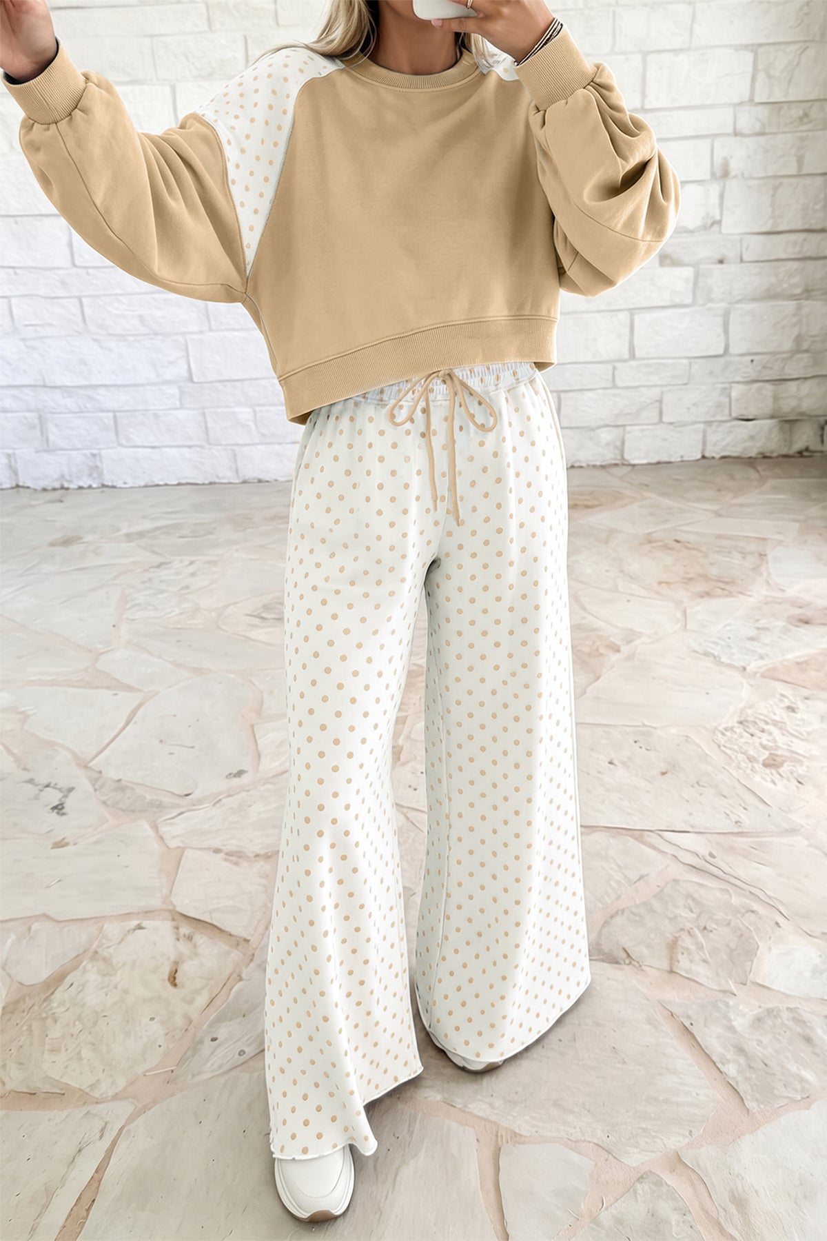 Women's Green Polka Dot Patchwork Colorblock Long-Sleeve Casual Two-Piece Pants Set