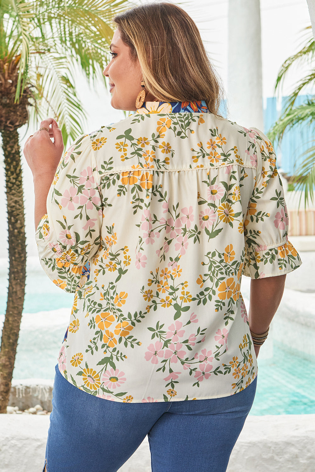Multicolour Plus Size Floral Print Woven V-Neck Half-Sleeve Blouse