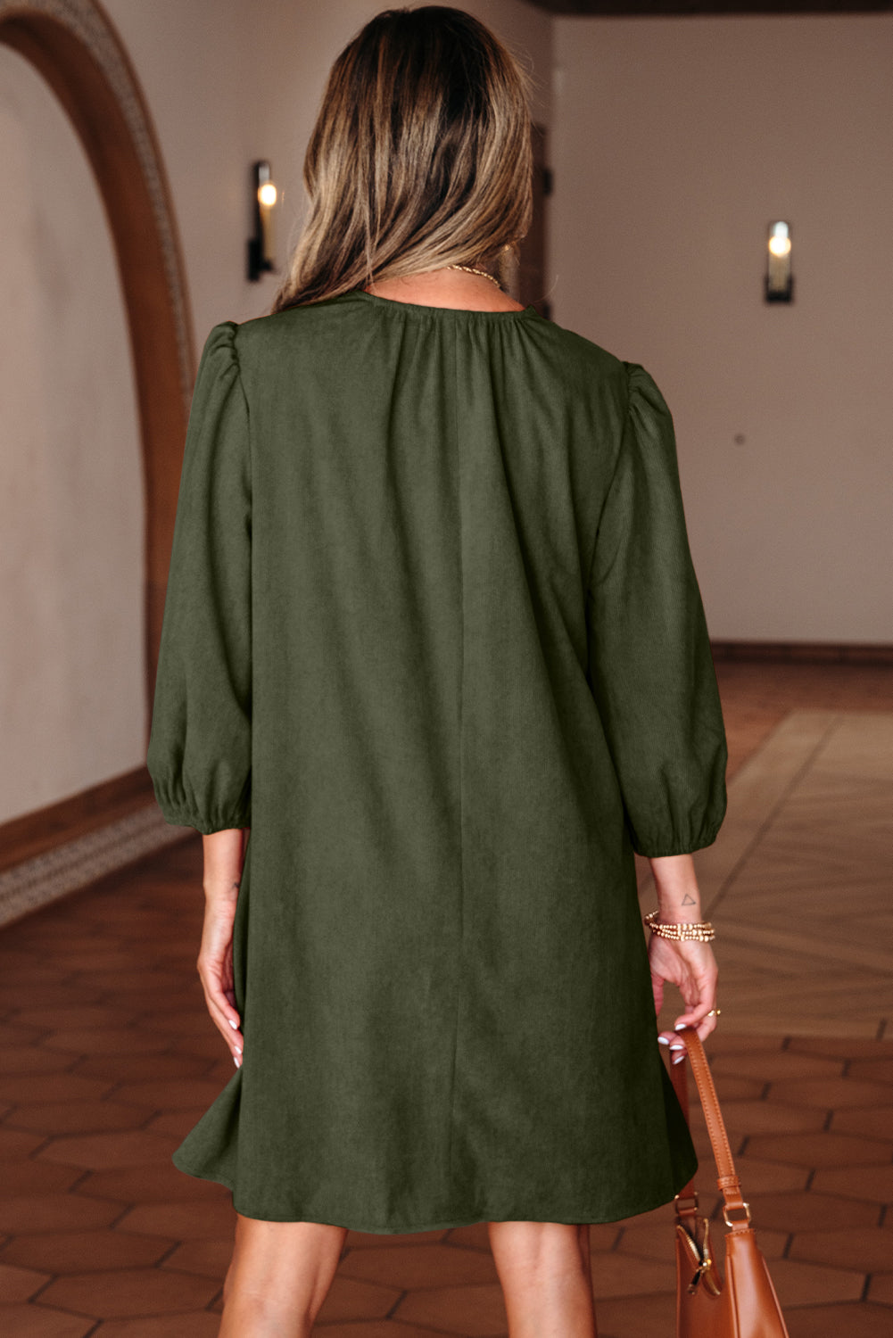 Cinnamon Bracelet Sleeve Split Neck Scallop Pleated Corduroy Mini Dress