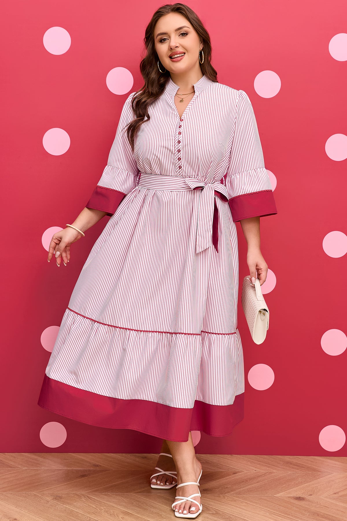 Red Stripe Plus Size Ruffled Hem Pinstriped Midi Dress