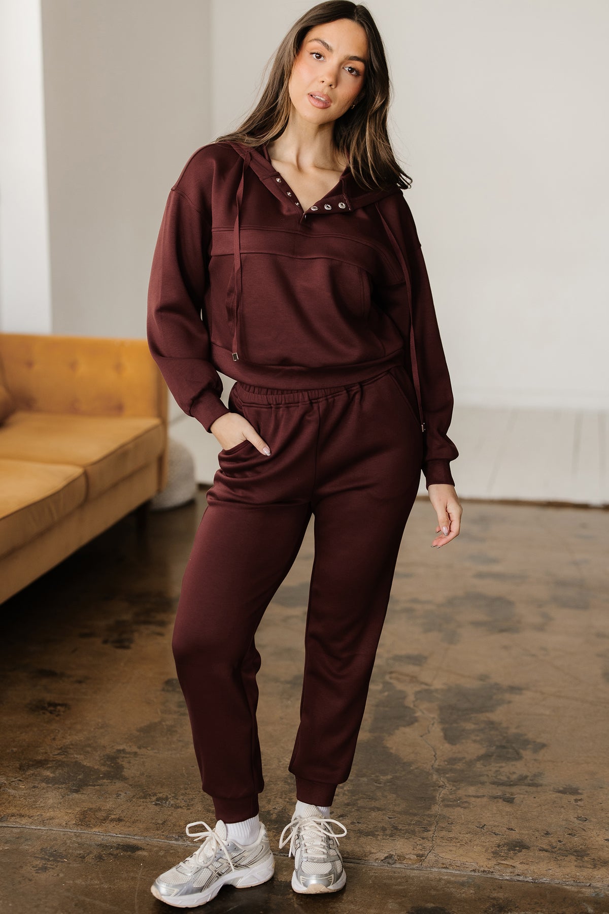 Women's Chicory Coffee Button Cropped Hoodie Jogger Two-Piece Set