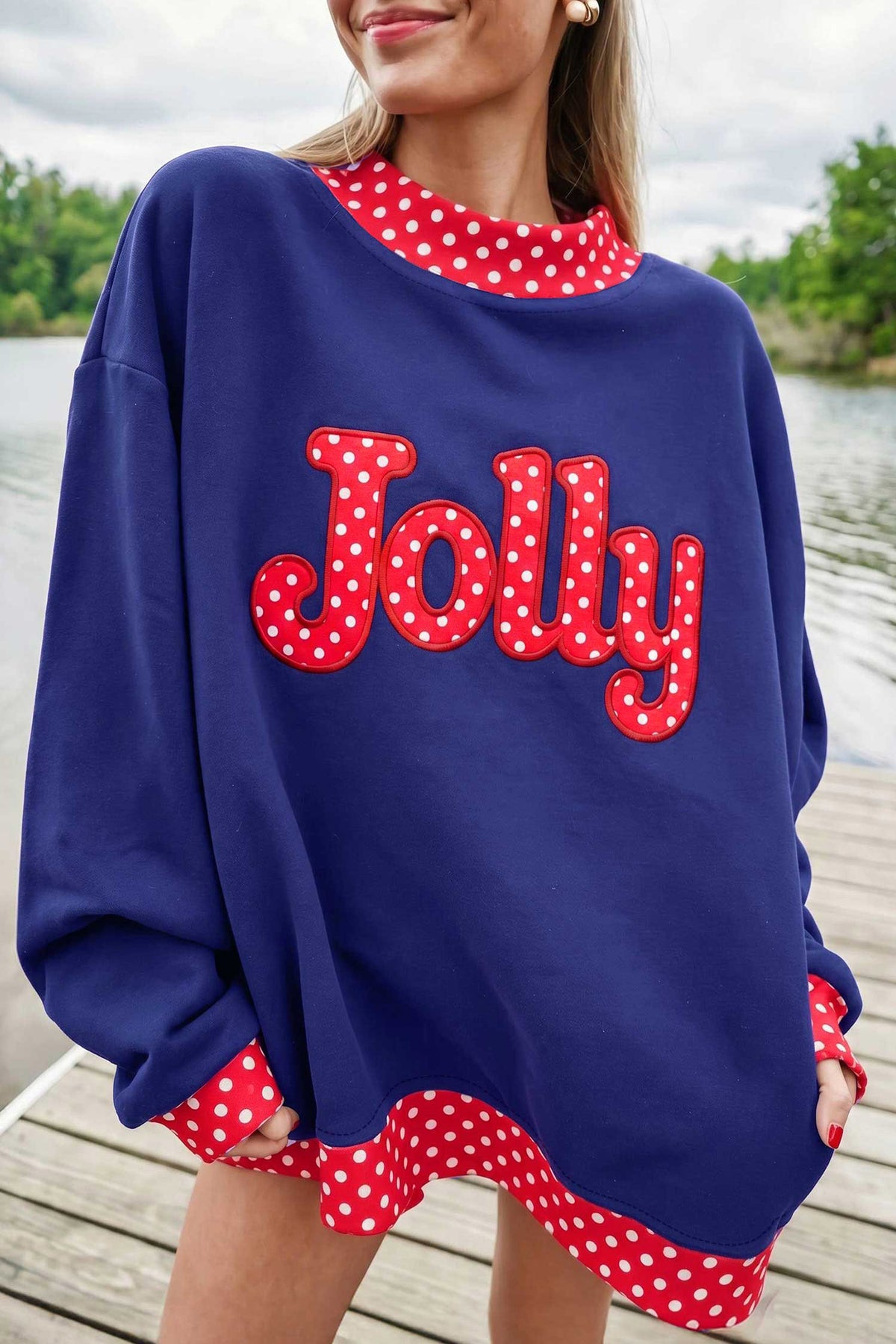 Dirty blue Polka Dot Letter Print Mock Neck Sweatshirt