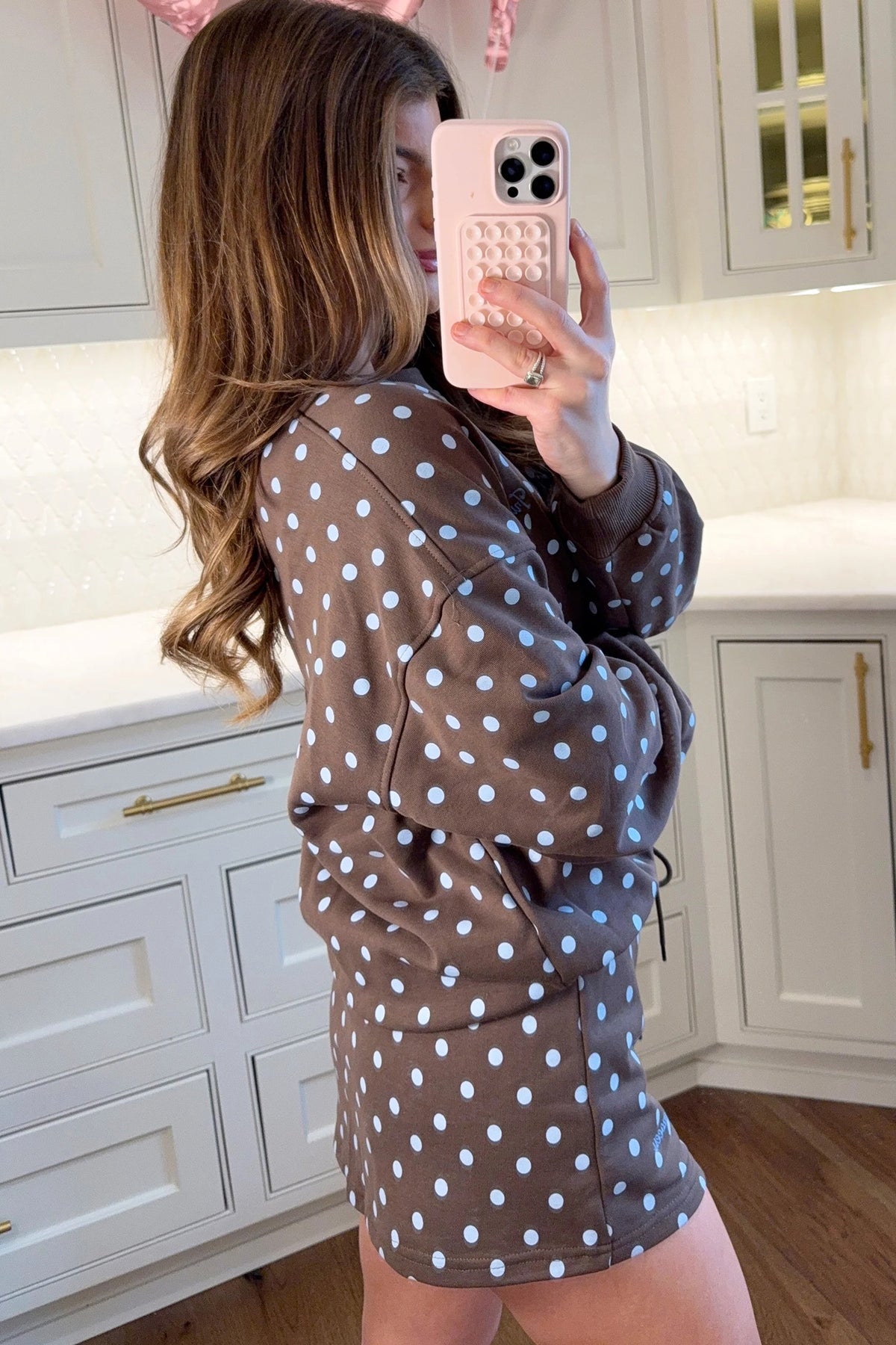 Women's Brown Polka Dot Long-Sleeve Pullover Embroidered Bow Detail Two-Piece Skort Set