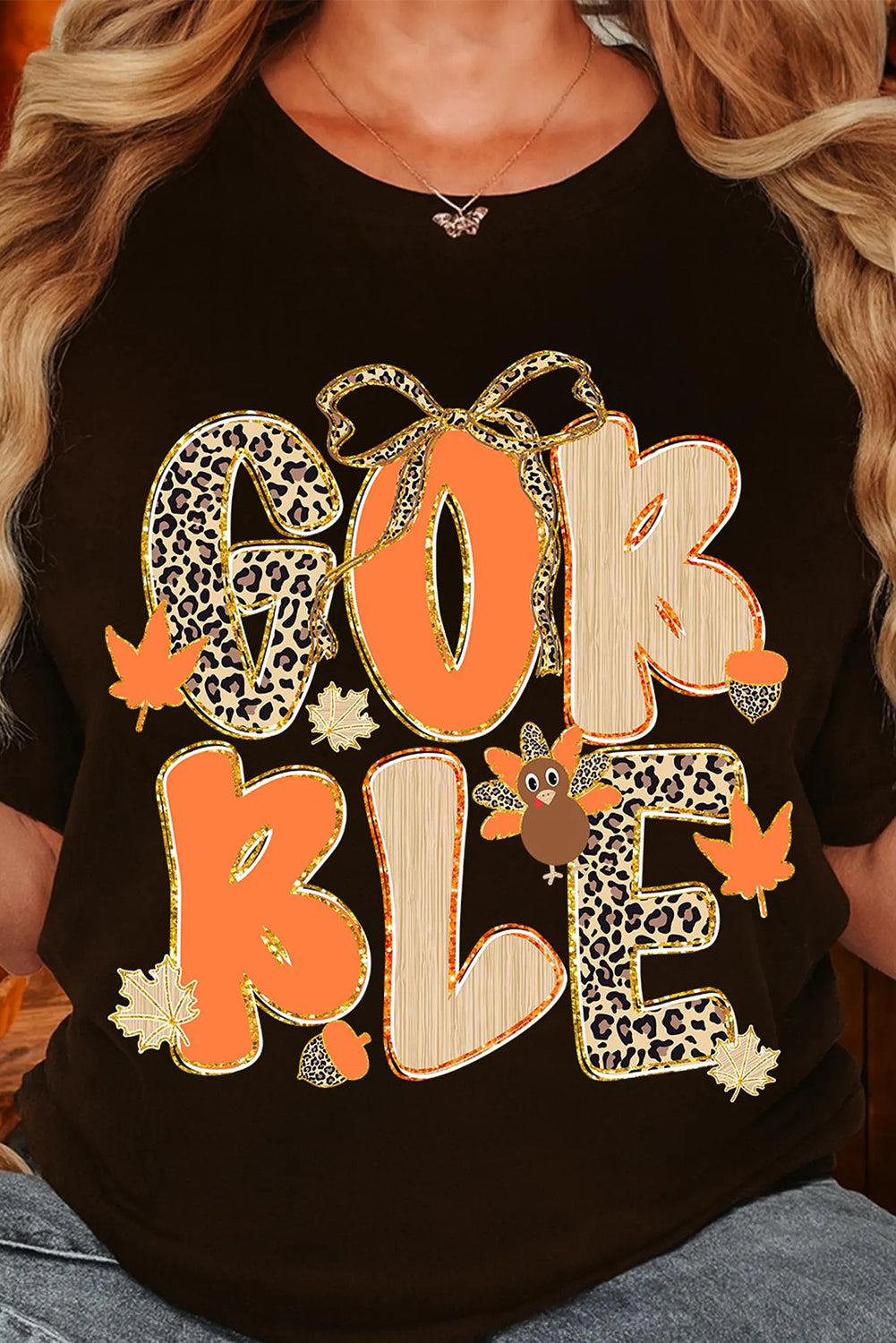 Black GOBBLE Leopard Letter Print Turkey Bow Graphic T-Shirt