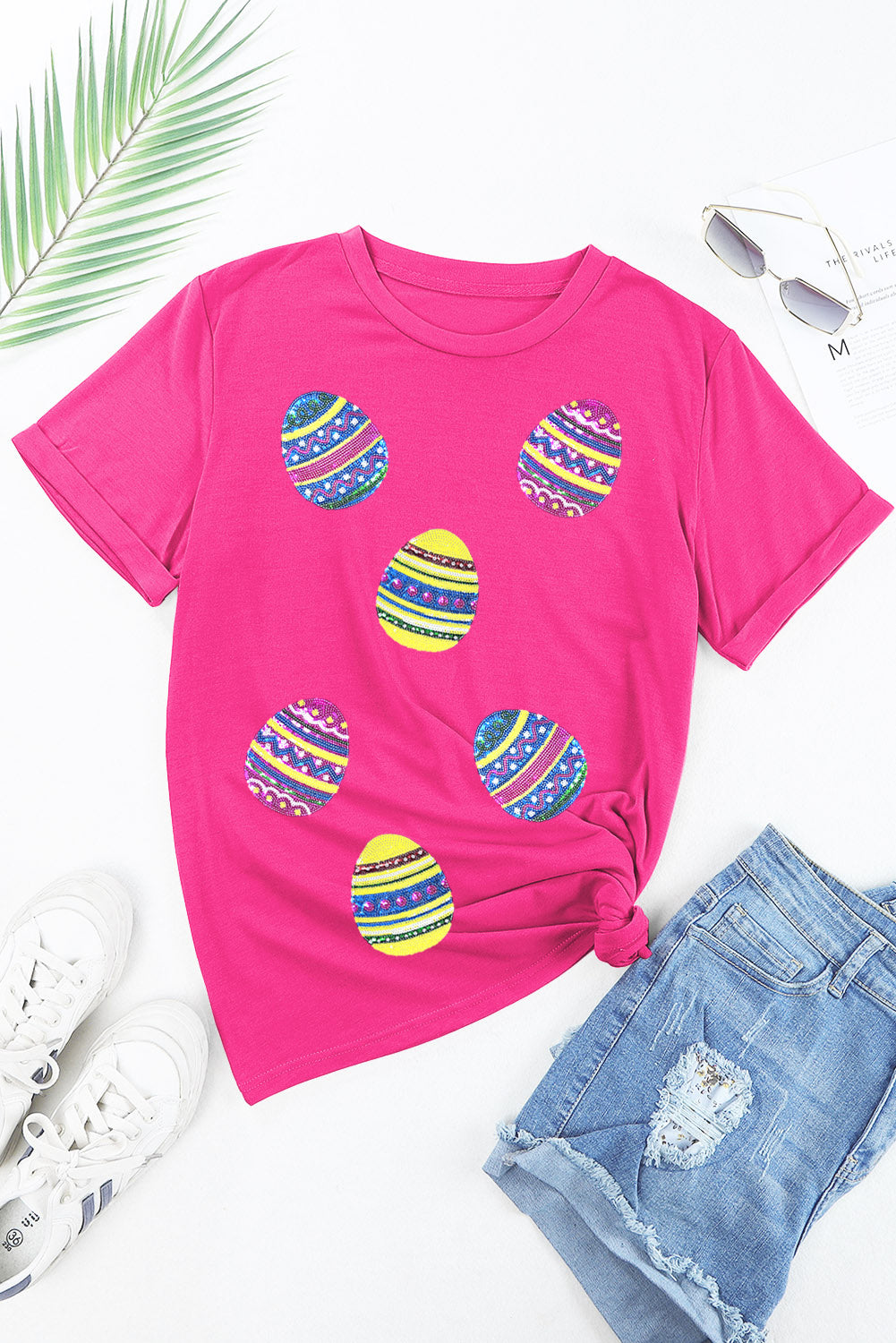 Rose Red Sequin Easter Egg Graphic Casual T-Shirt