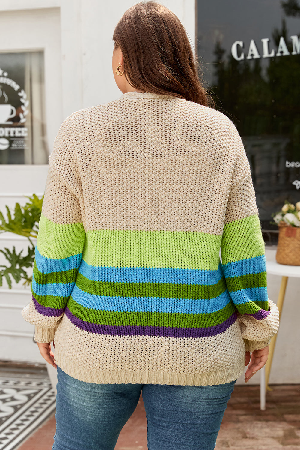 Parchment Color-Block Crochet Open-Front Plus Size Cardigan