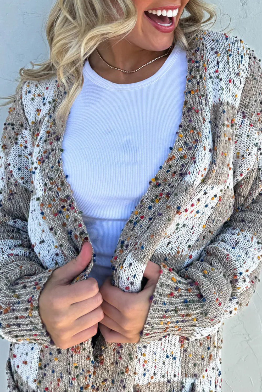 Brown Confetti Dot Checkered Print Open Cardigan with Pockets
