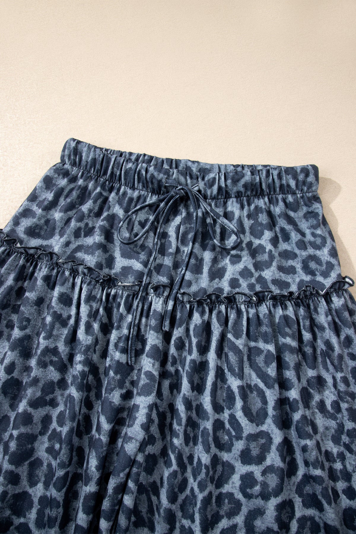 Gray Wild Leopard Print Frilled Drawstring Wide Leg Pants
