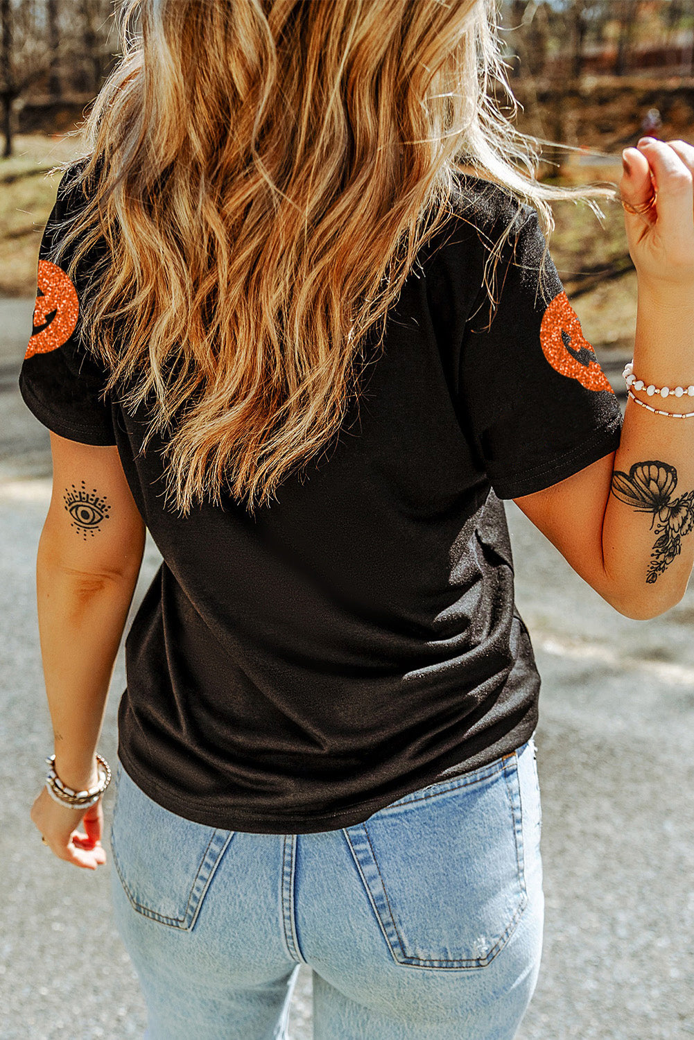 Black Glittering Pumpkin Face Graphic Crewneck Halloween T-Shirt