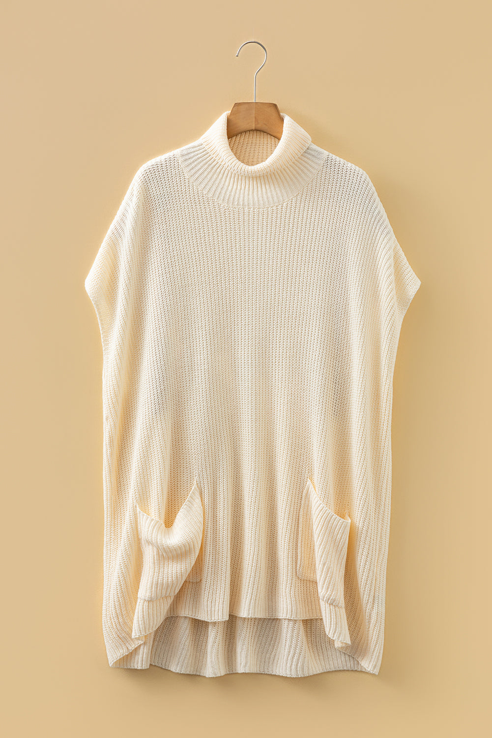 Jet Stream Plain Knit Turtleneck Short Sleeve Tunic Sweater with Pockets