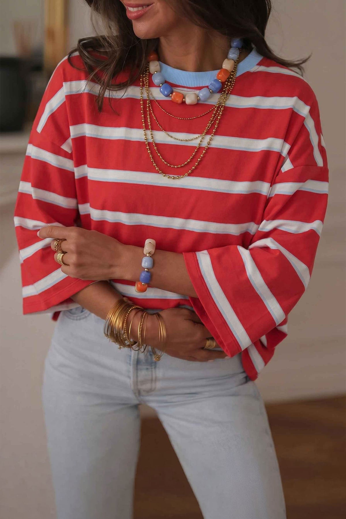 Racing Red Striped Bow Tie Hollowed Back 7/8 Sleeve T-Shirt