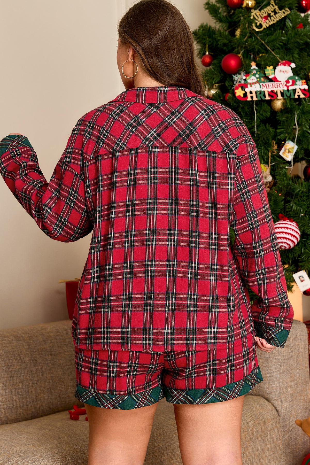 Red Plus Size Plaid Contrast Patchwork Long-Sleeve Shirt and Shorts 2pcs Pajama Set