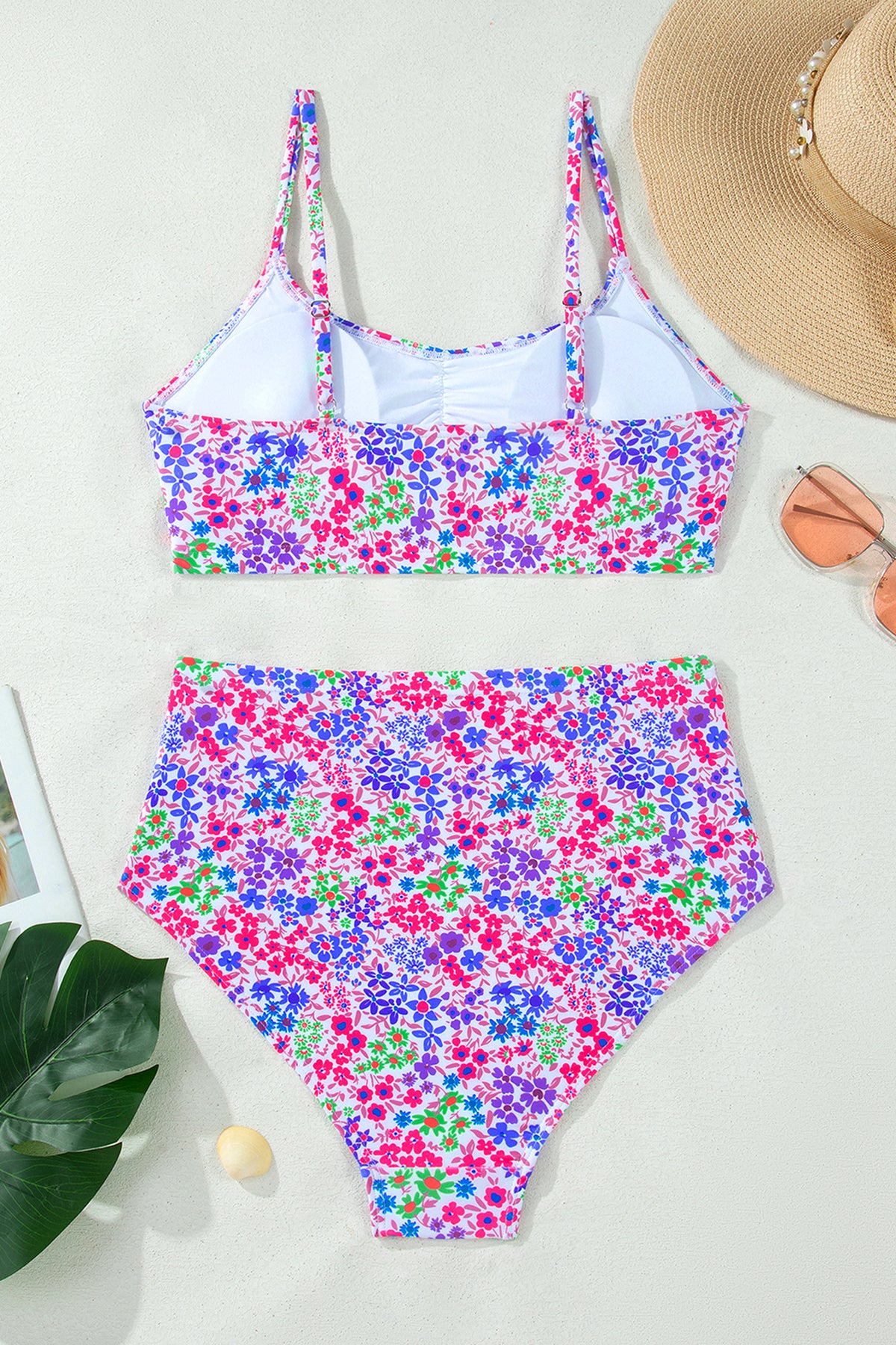 Purple Floral Lace-Trim High-Waist Bikini