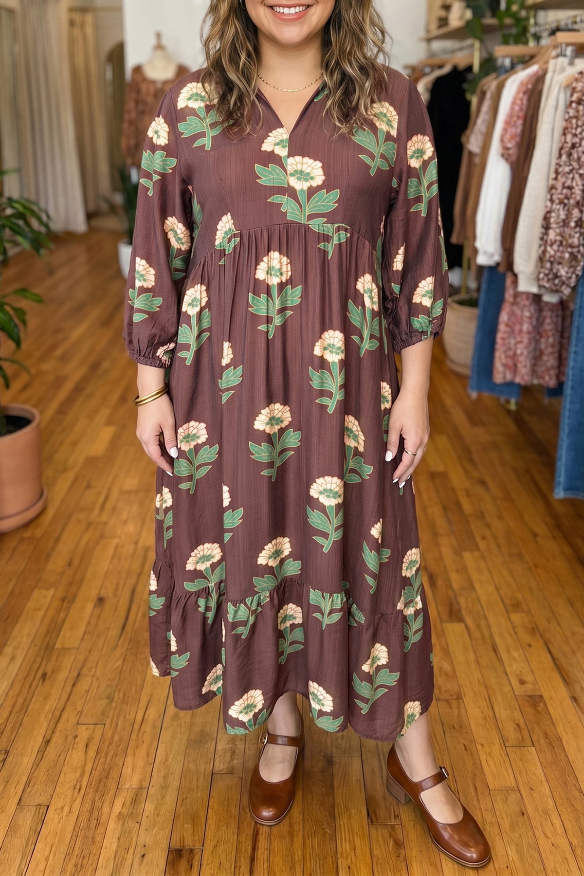 Brown Floral Print V-Neck Long-Sleeve Loose Shift Plus Size Dress