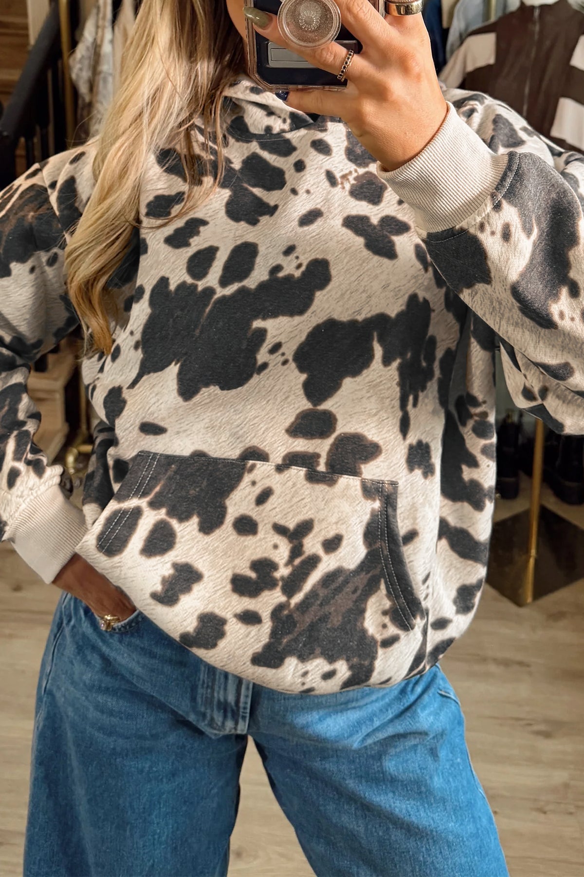 Multicolor Western Cow Print Pocket Hoodie