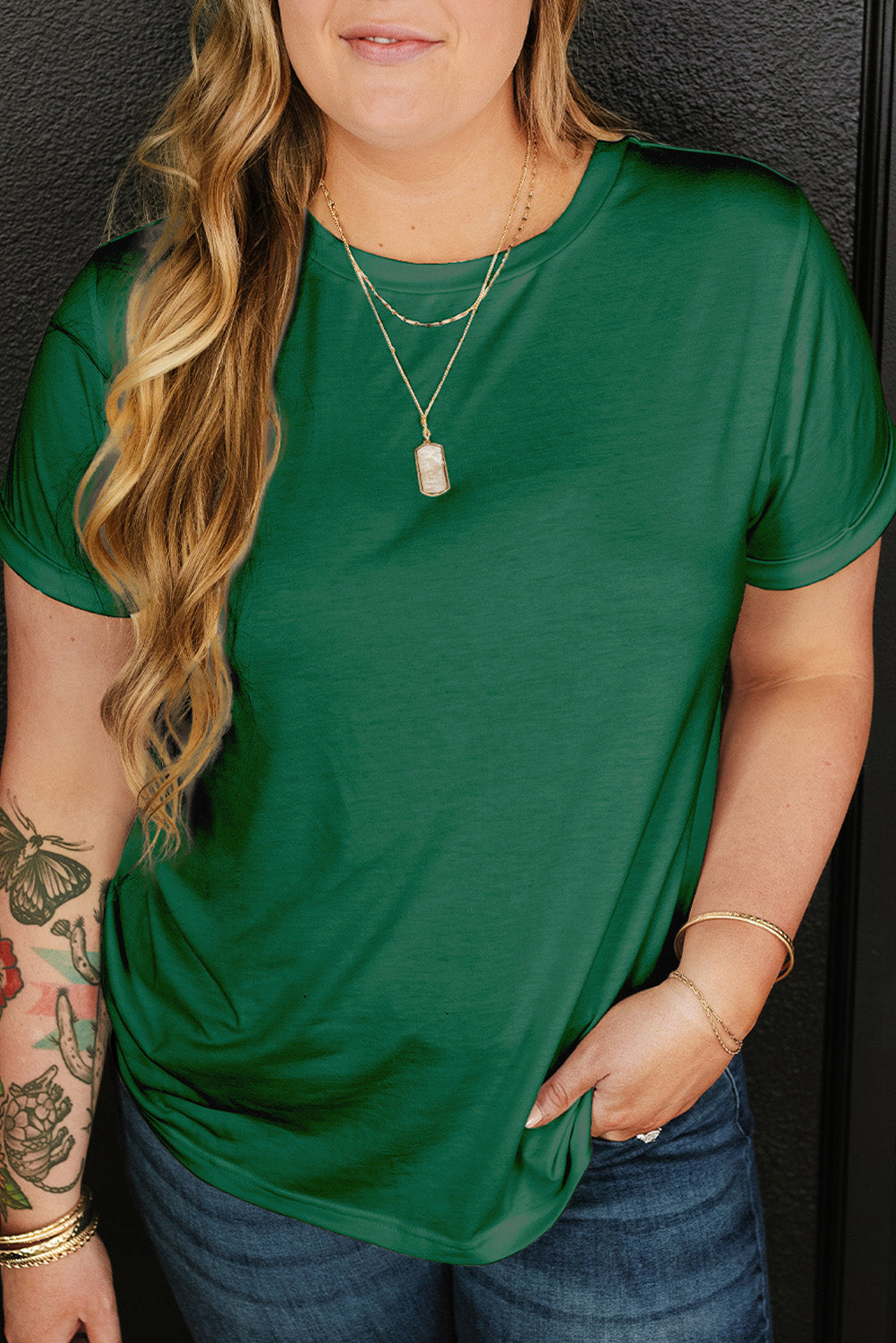 Dark Green Round-Neck Rolled Sleeve Plus Size T-shirt