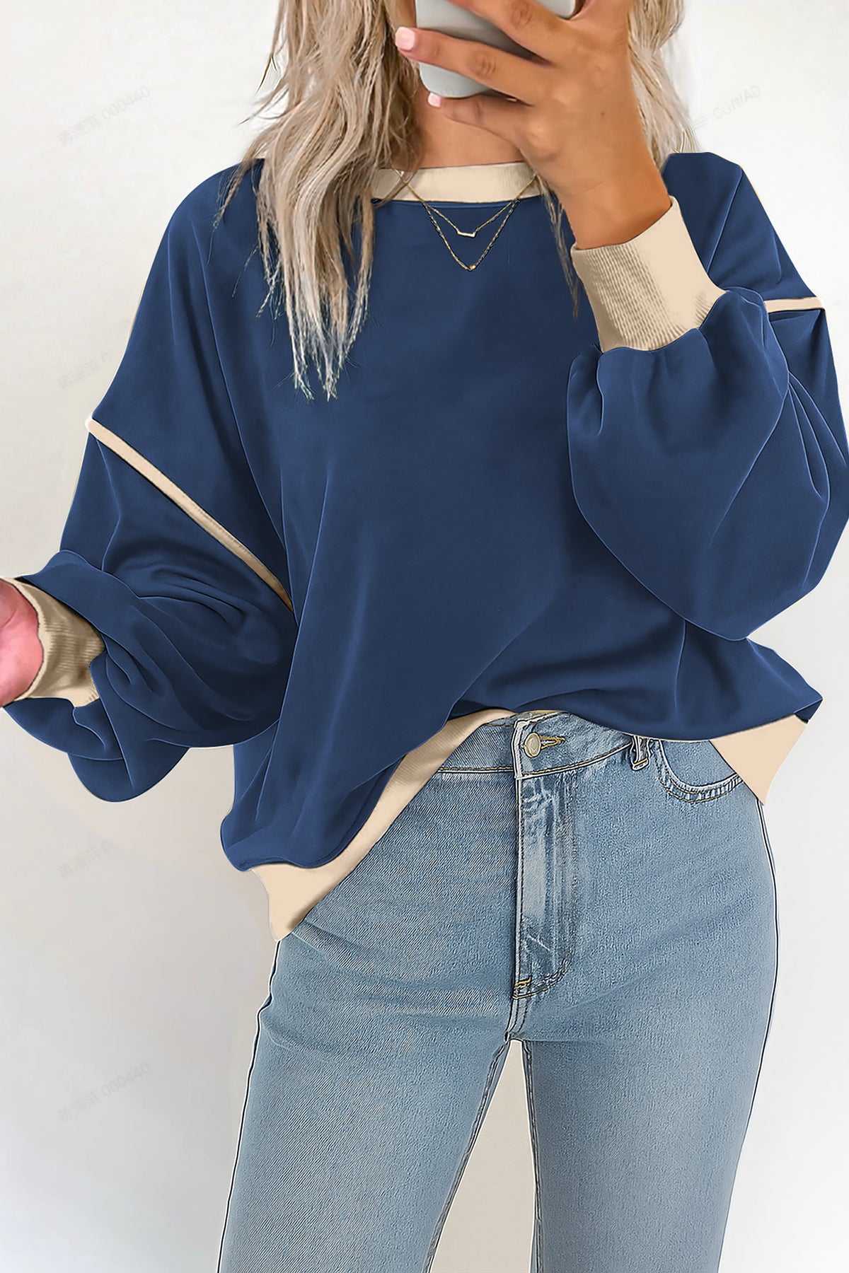 Navy Blue Color Block Drop Shoulder Sweatshirt