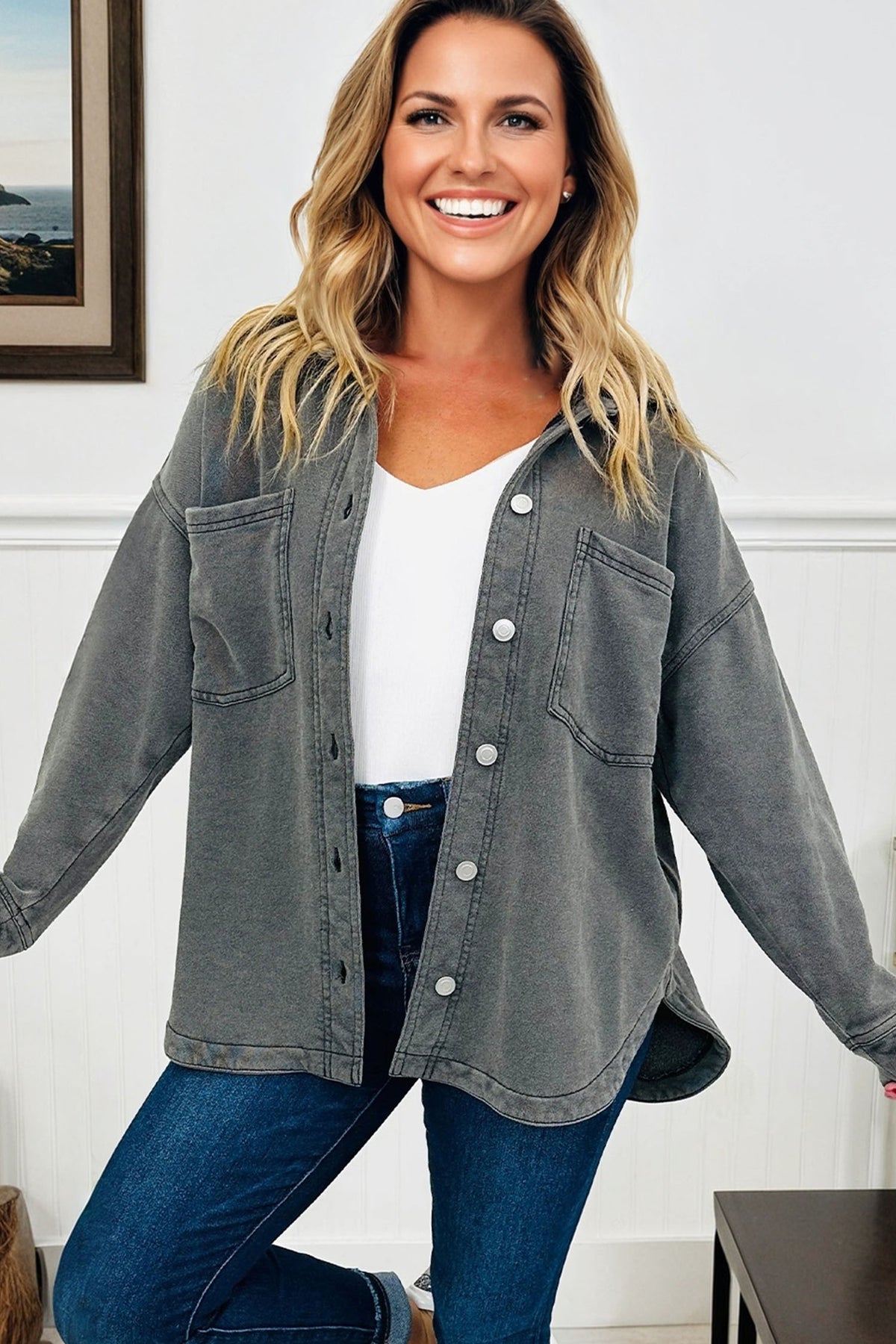 Medium Grey Mineral Wash Chest Pockets Shacket with Side Slit