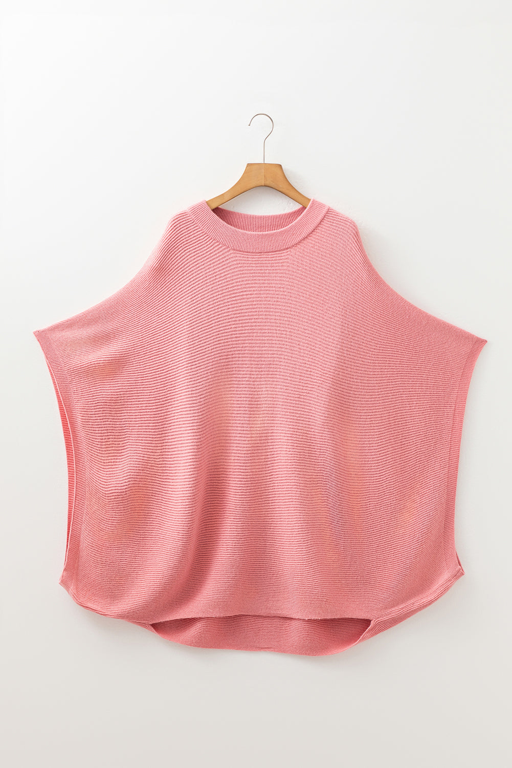 Light Pink Ribbed Knit Half-Sleeve Plus Size Poncho Style Sweater