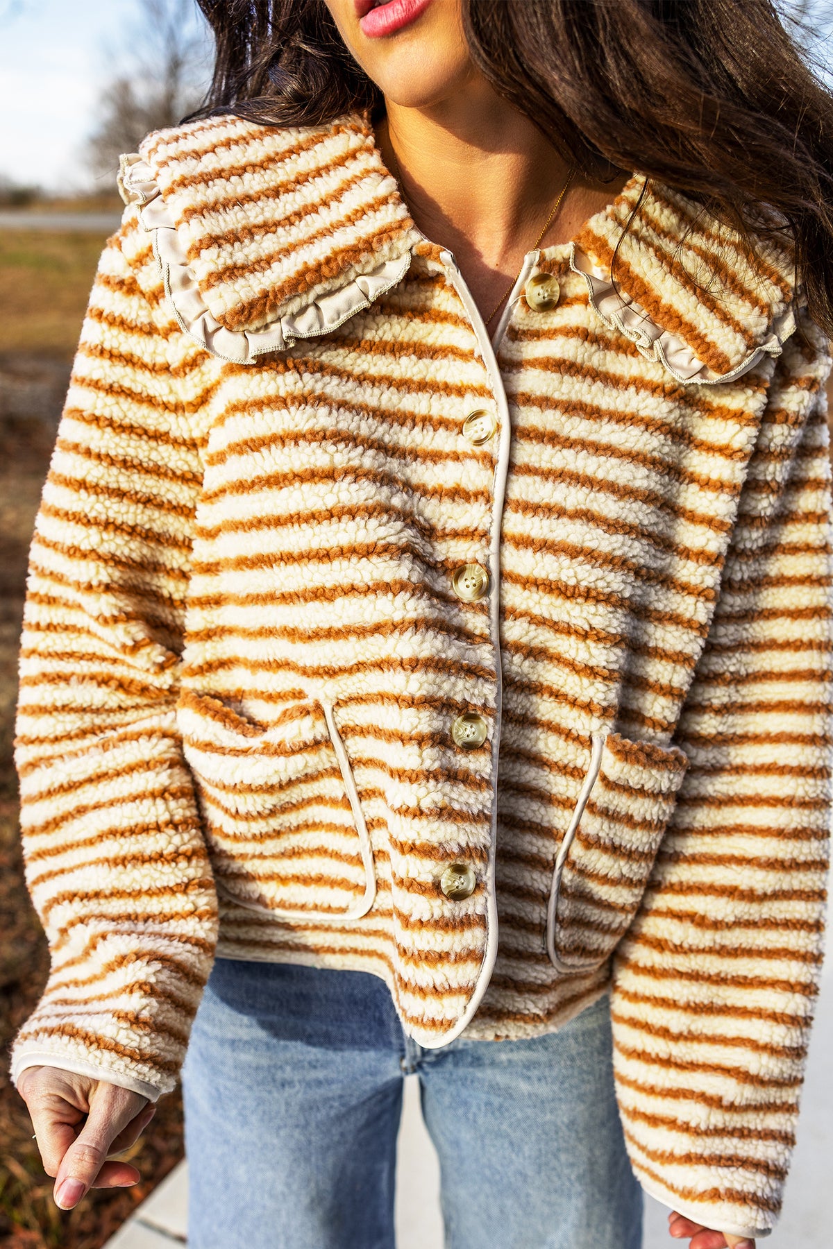 Brown Stripe Fleece Long Sleeve Regular Fit Jacket