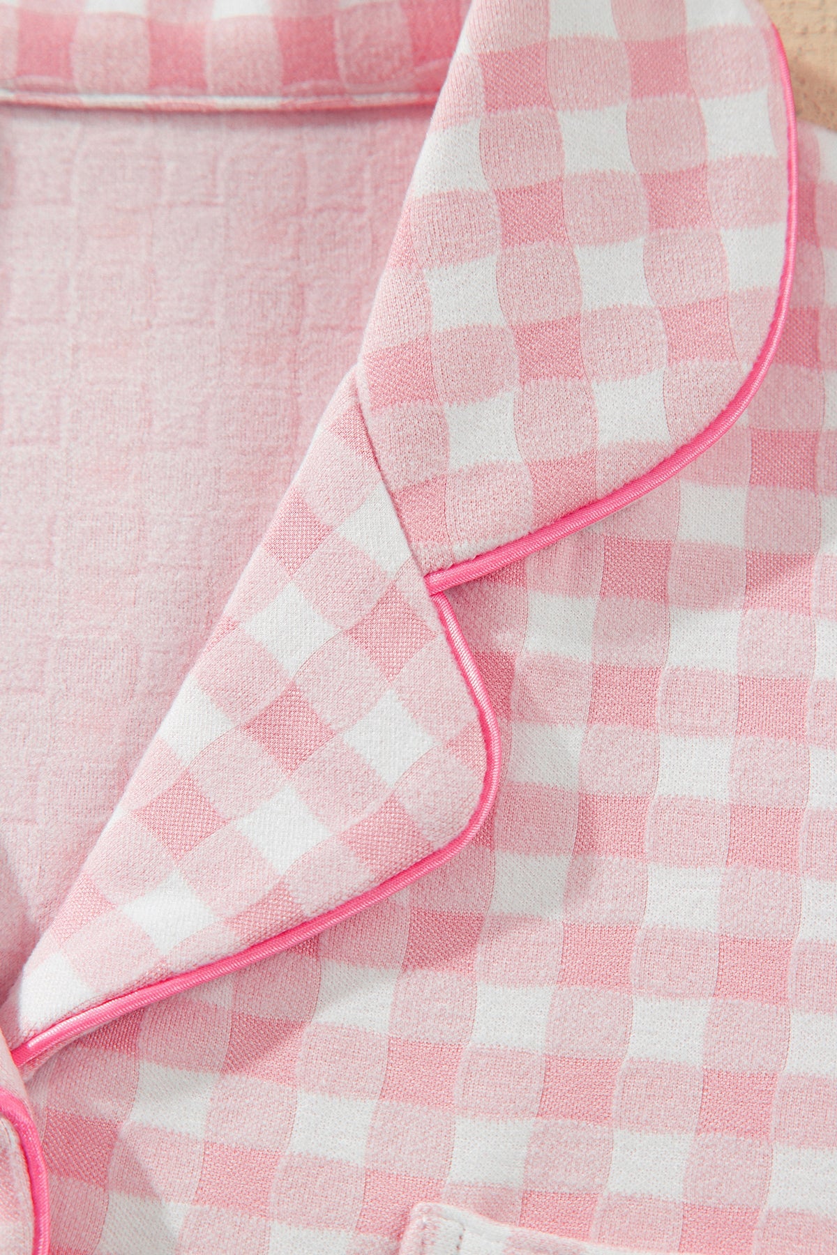 Pink Gingham Long Sleeve Lapel Shirt Pajama Pants Set