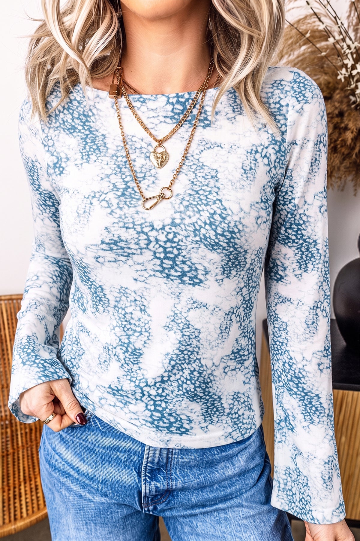 Sky Blue Leopard Print Round Neck Sheath Top