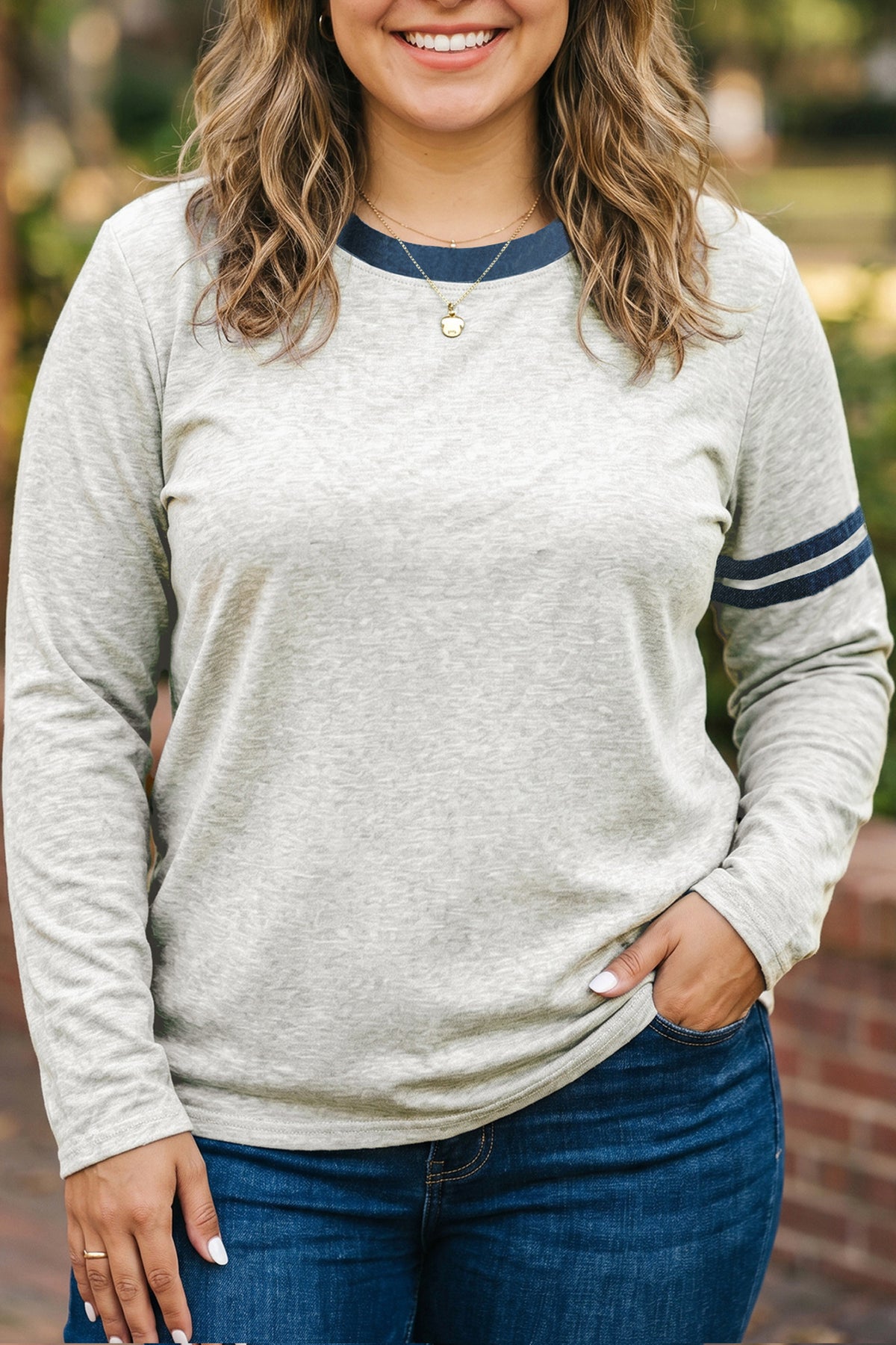 Gray Plus Size Color-Block Detail Round-Neck Long-Sleeve Top