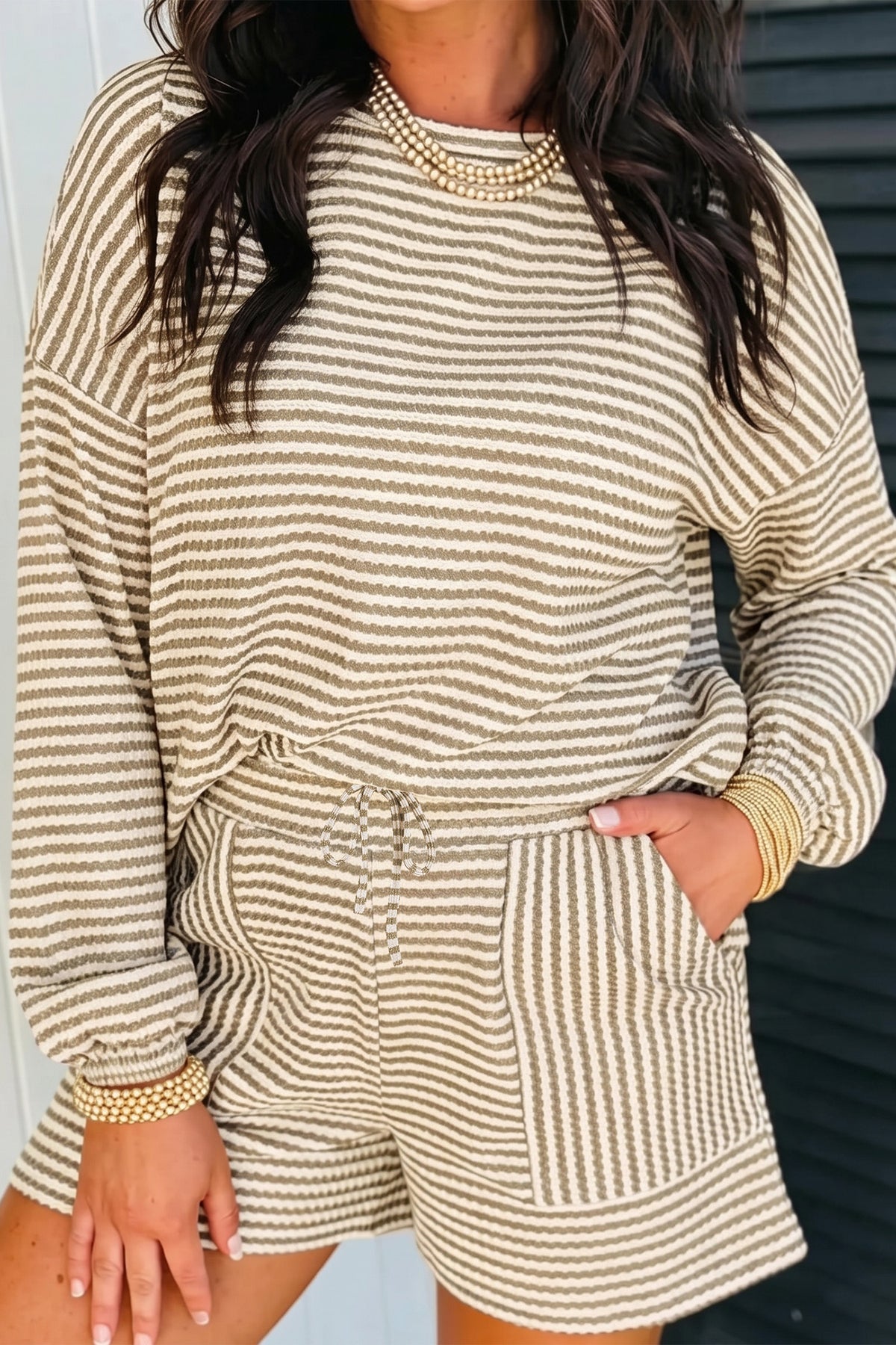 Women's Brown Stripe Textured Knit Long-Sleeve Top Elastic Waist Shorts Casual Outfit