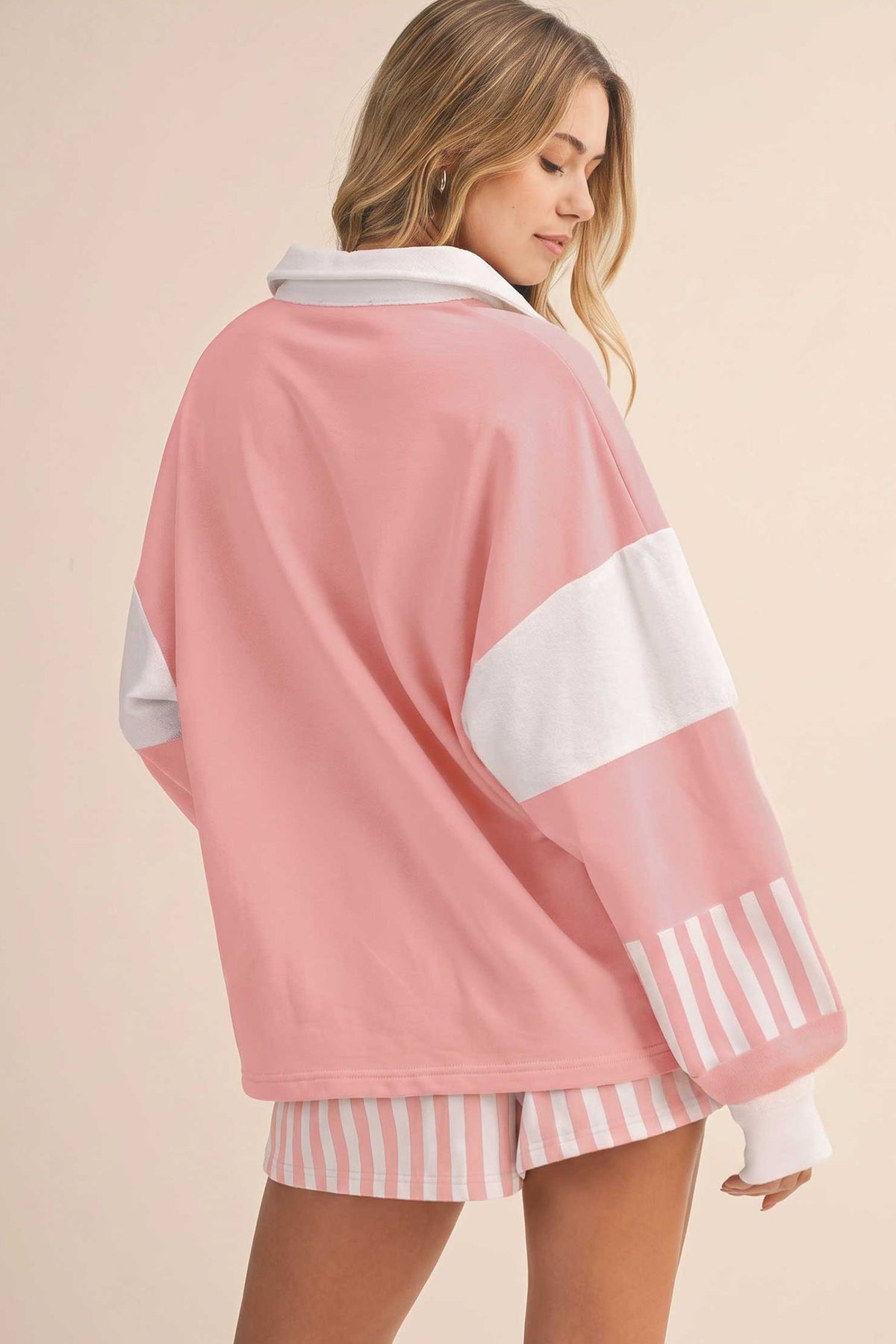 Women's Black Striped Color Block Pullover Top Drawstring Shorts Set
