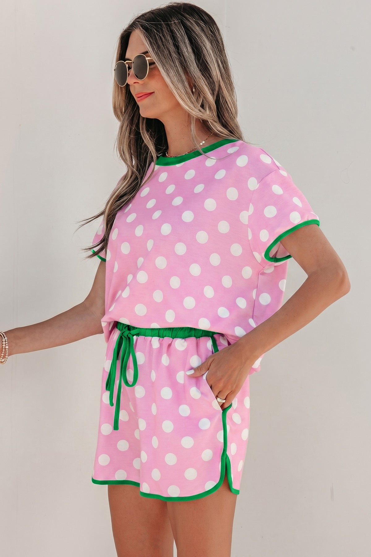Women's Pink Polka Dot Contrast Edge Shorts Two-Piece Set