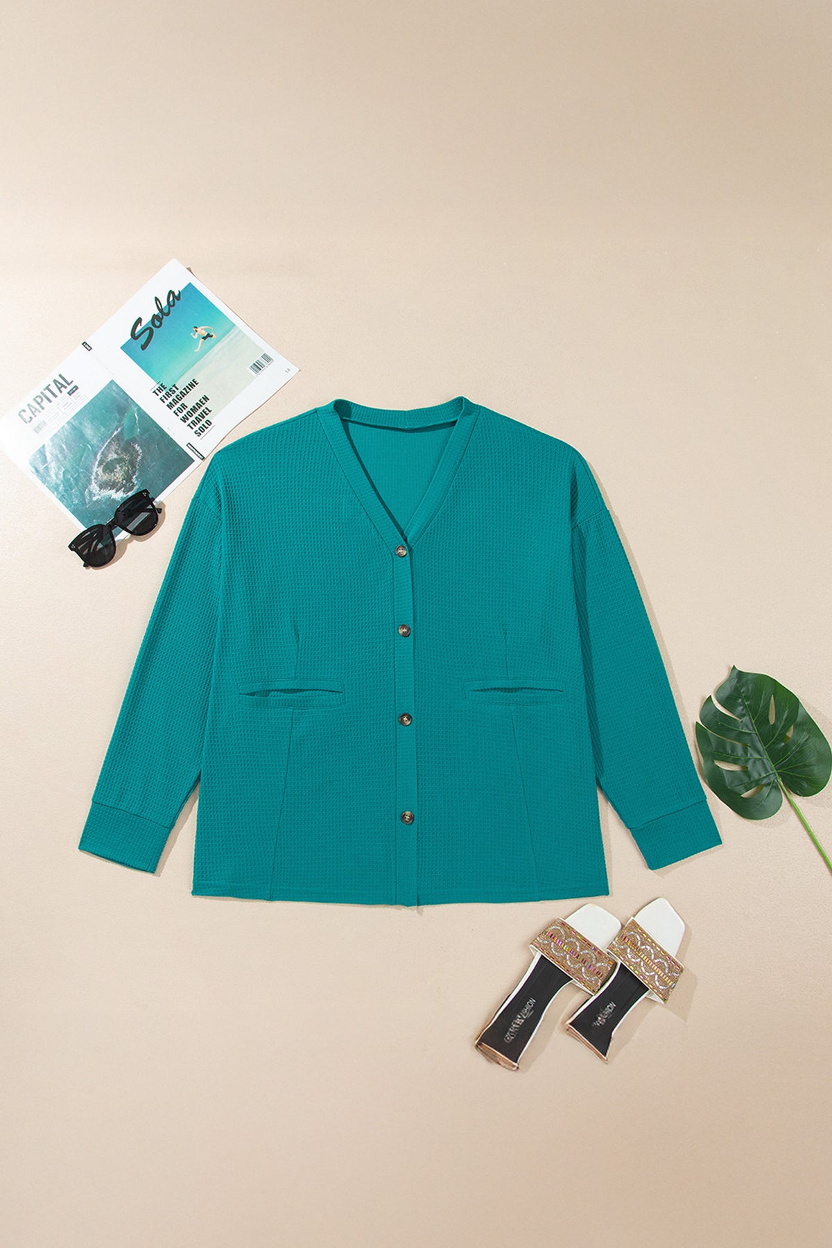 Lapis V-Neck Waffle Textured Button Front Tunic Long-Sleeve Plus Size Cardigan