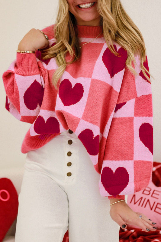 Pink Plus Size Love Heart Block Mock Neck Lantern Sweater