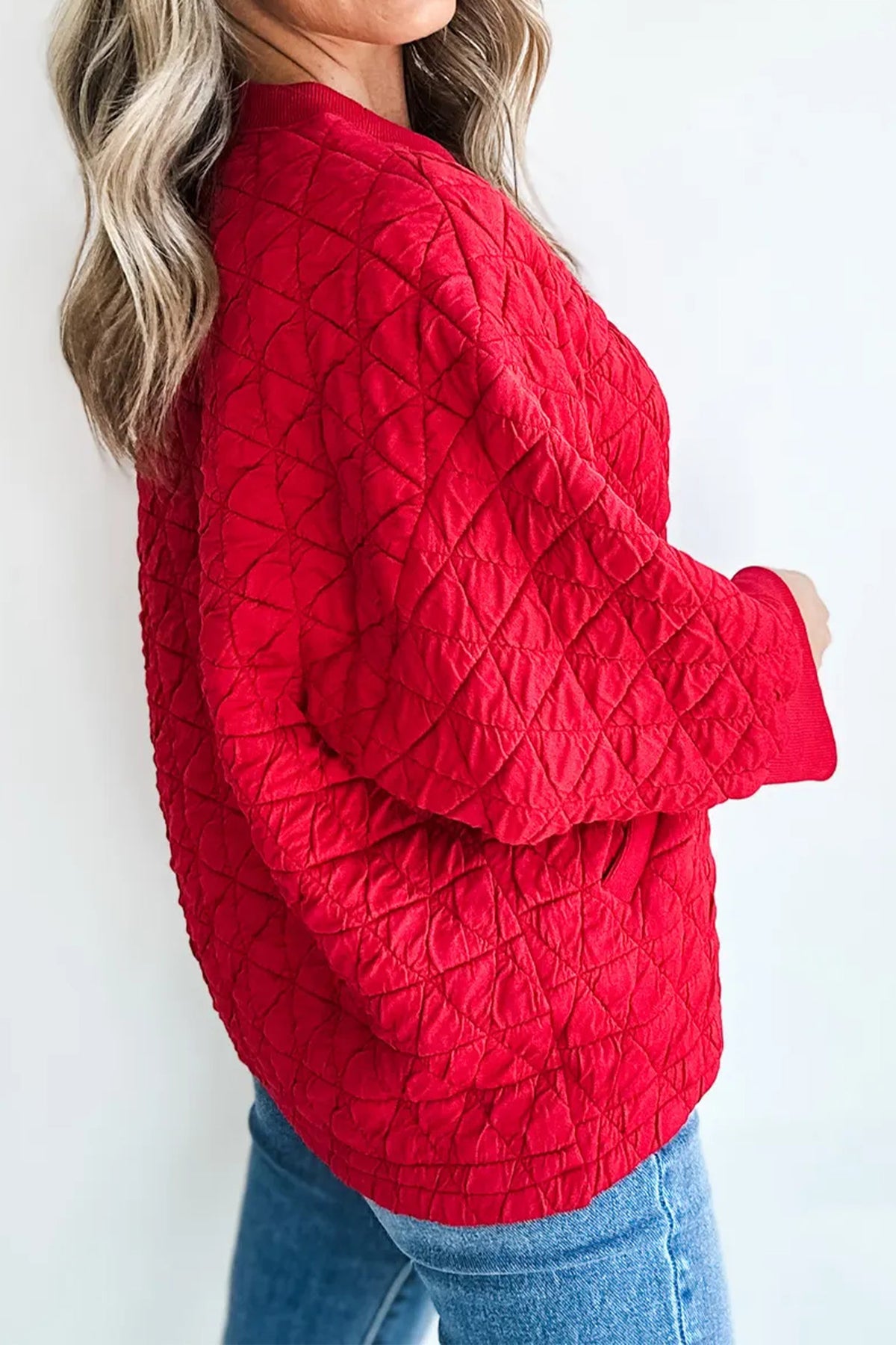 Fiery Red Quilted Diamond 3/4 Sleeve Pocket Top