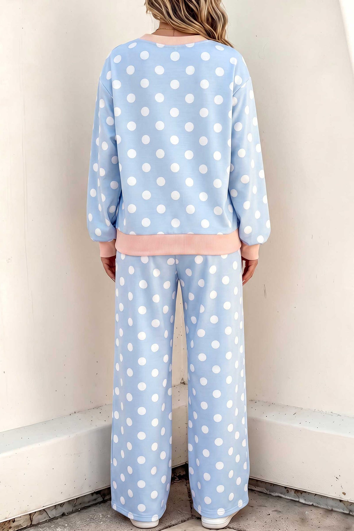Women's Sky Blue Polka Dot Contrast Trim Long-Sleeve Top Drawstring Shift Pants Set