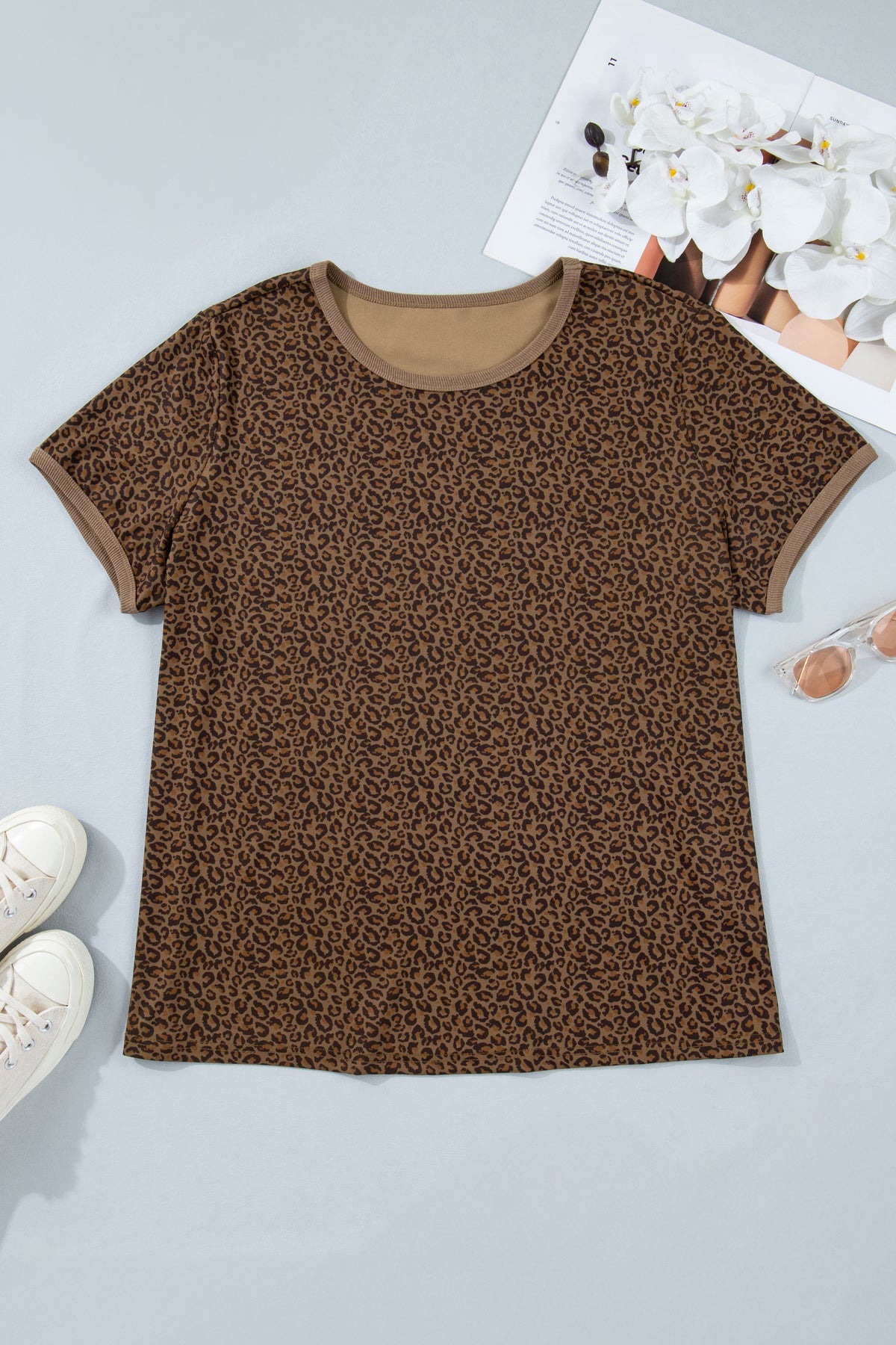 Khaki Plus Size Leopard Print Ribbed Trim Round-Neck Tee