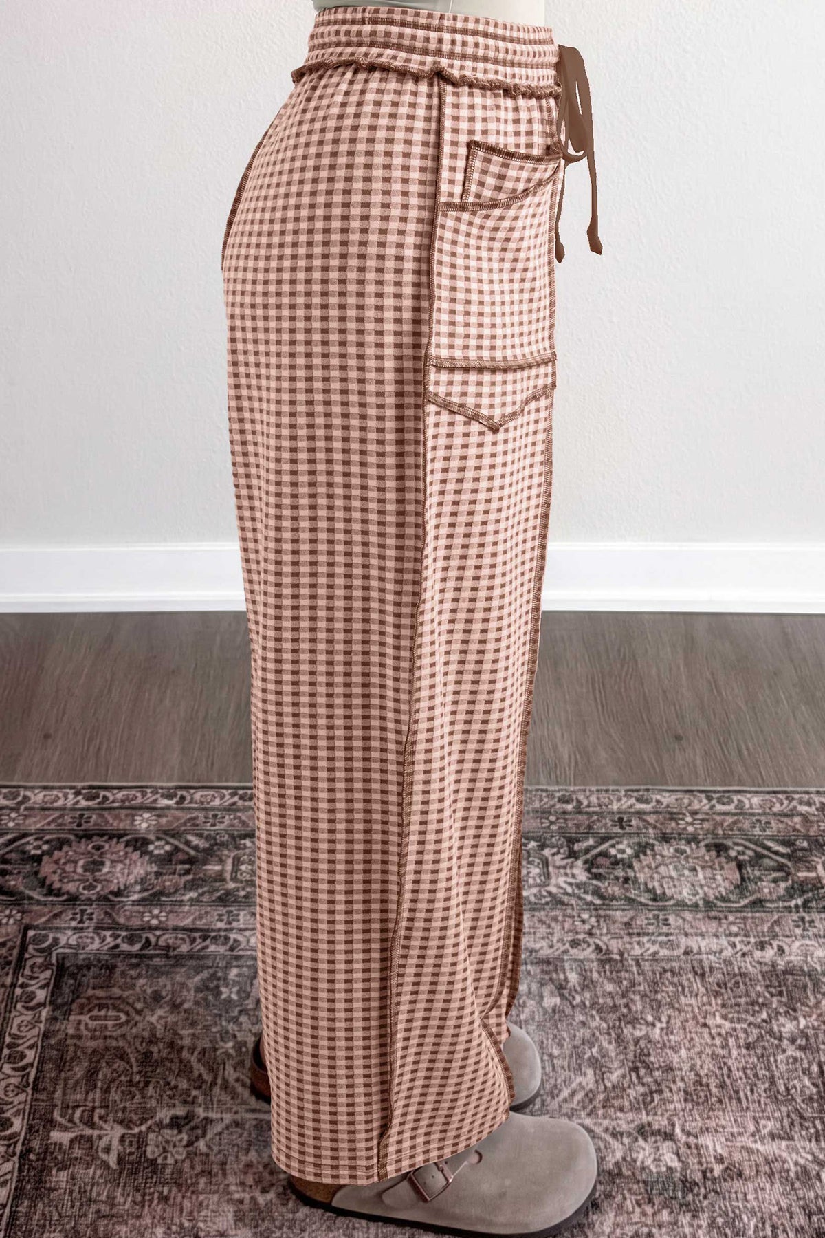 Brown Plaid Contrast Drawstring Elastic Waist Pants