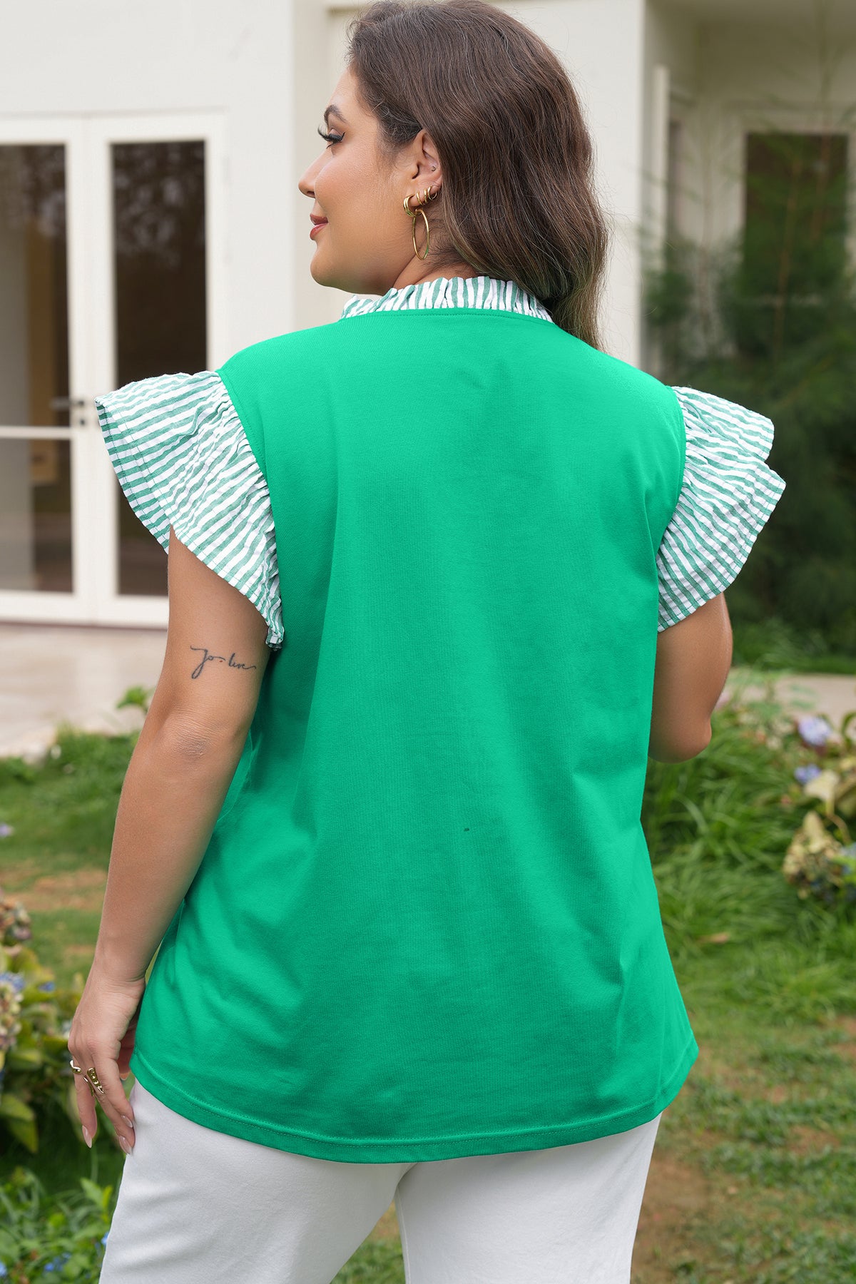 Dark Green Plus Size Button Front Ruffled Stripe Trim V-Neck Flutter Sleeve Blouse