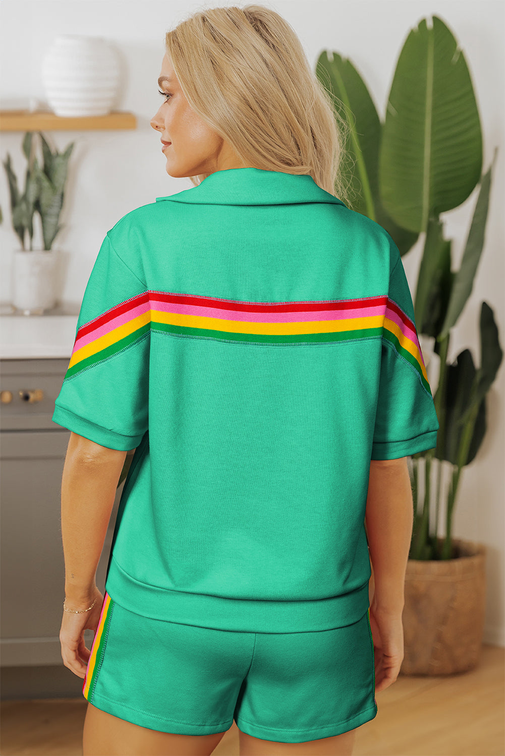 Sea Green Rainbow Colorblock Collared Short Sleeve Top Shorts Set