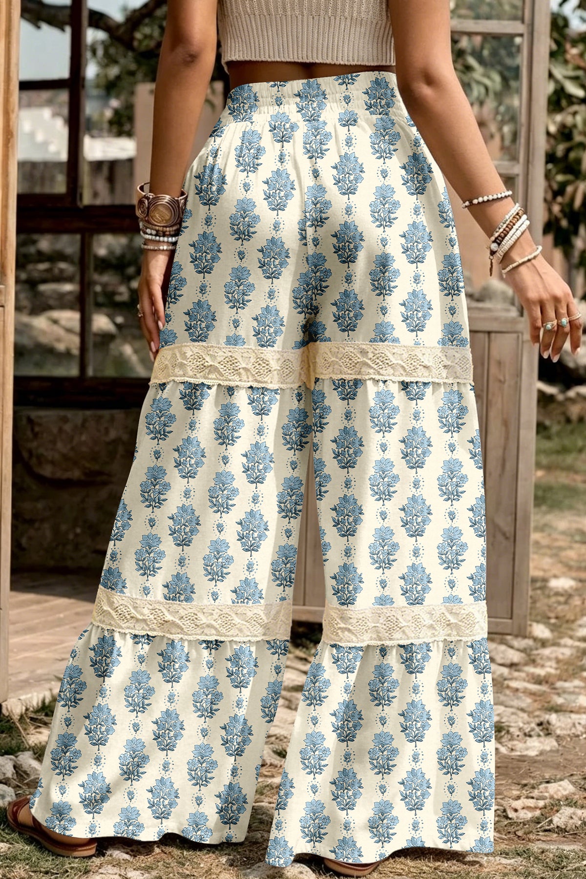 Sky Blue Floral Print Lace Patchwork Wide Leg Pants