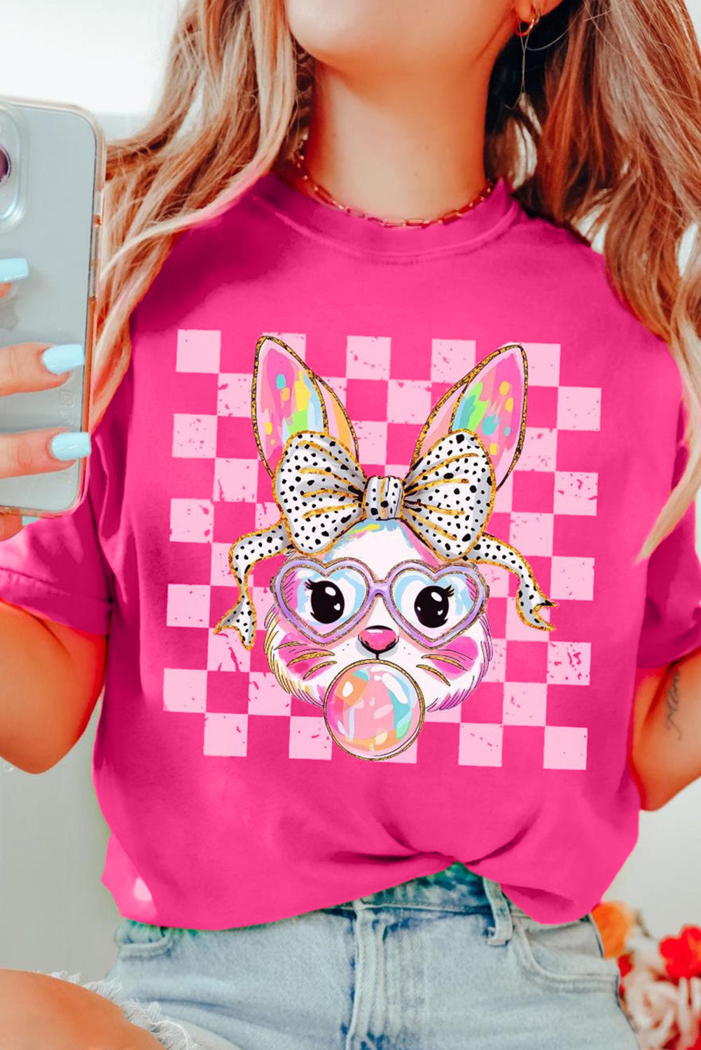Rose Red Plaid Bubble Gum Rabbit Graphic Easter T-Shirt